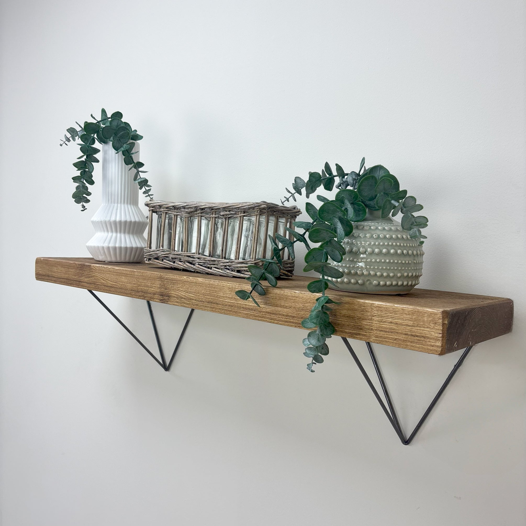 Bowes Rustic Wooden Shelf with Raw Steel Brackets - 22cm x 4.5cm - medium oak