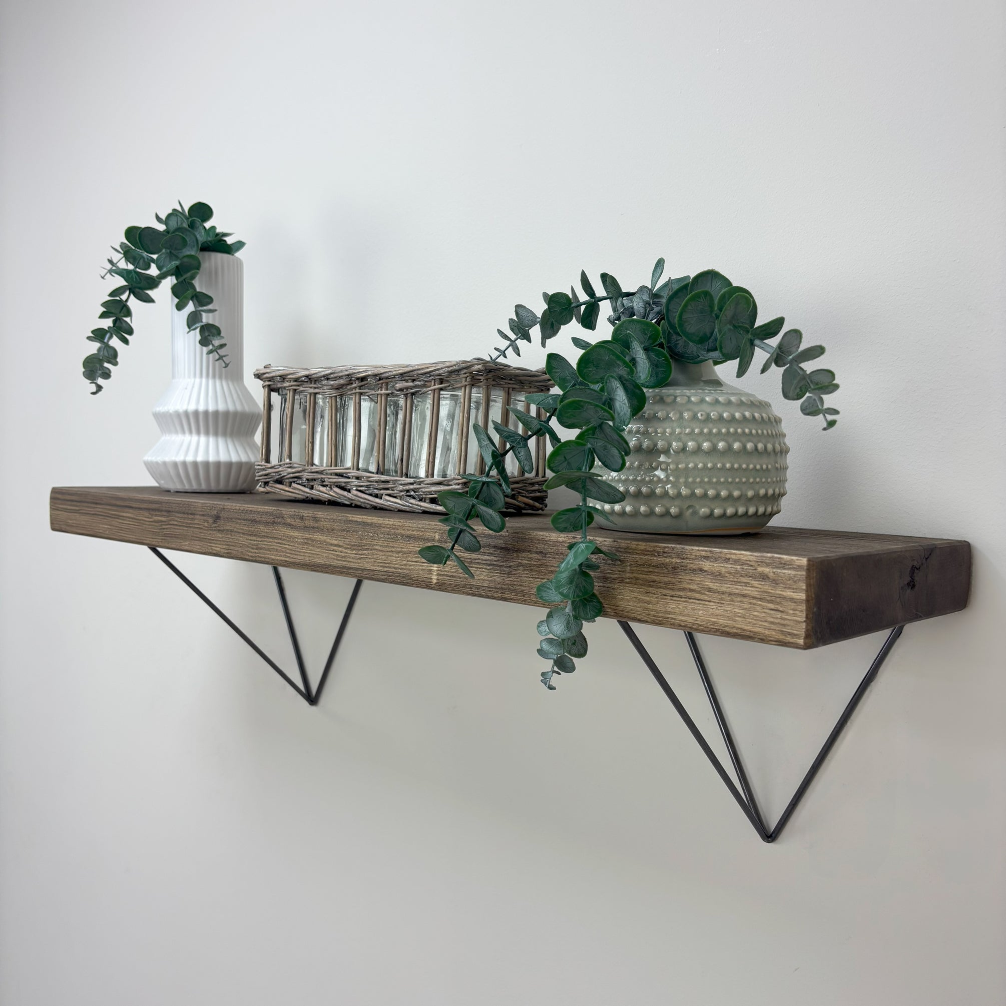 Bowes Rustic Wooden Shelf with Raw Steel Brackets - 22cm x 4.5cm - smoke pine