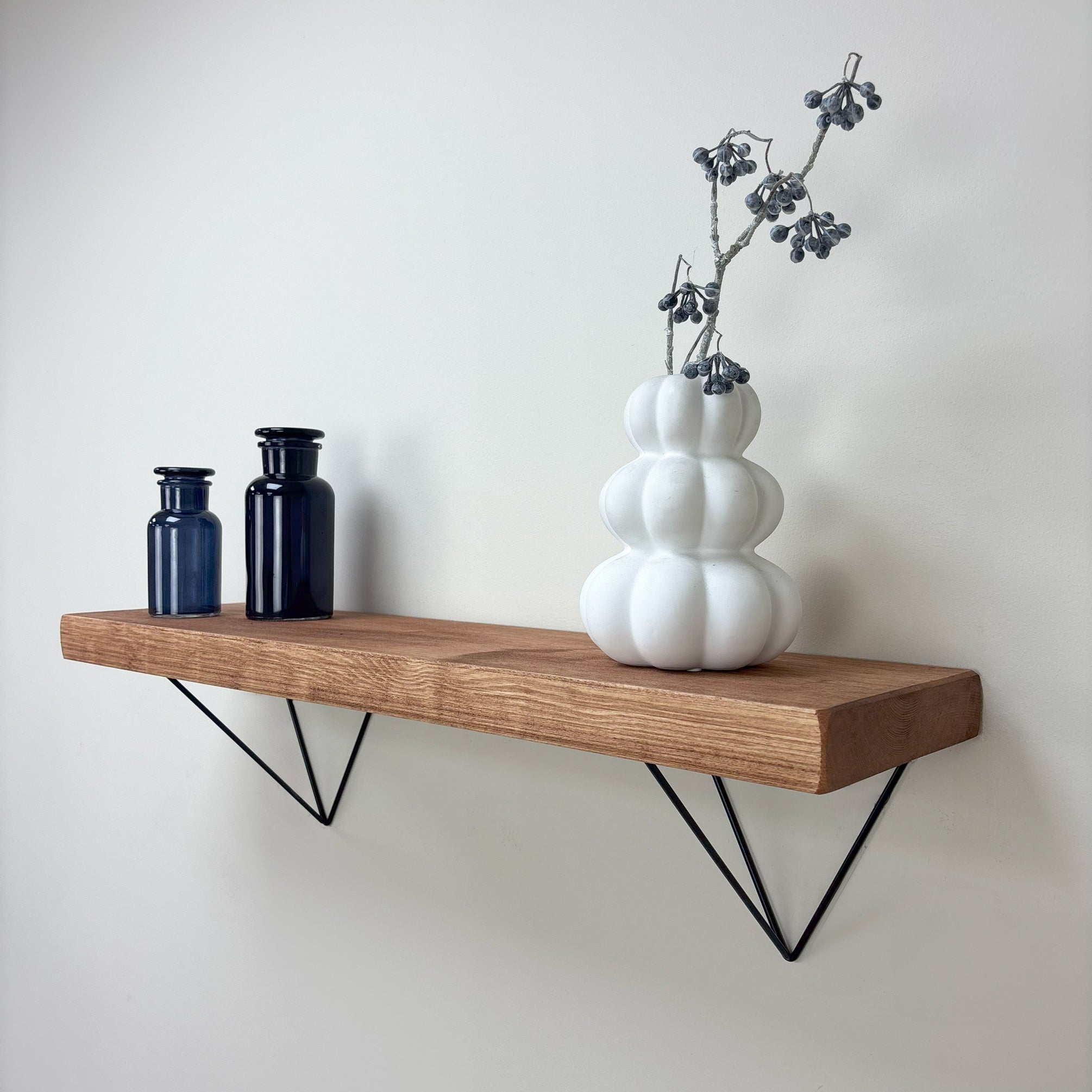 Bowes Rustic Wooden Shelf with Black Metal Brackets - 22cm x 4.5cm - teak