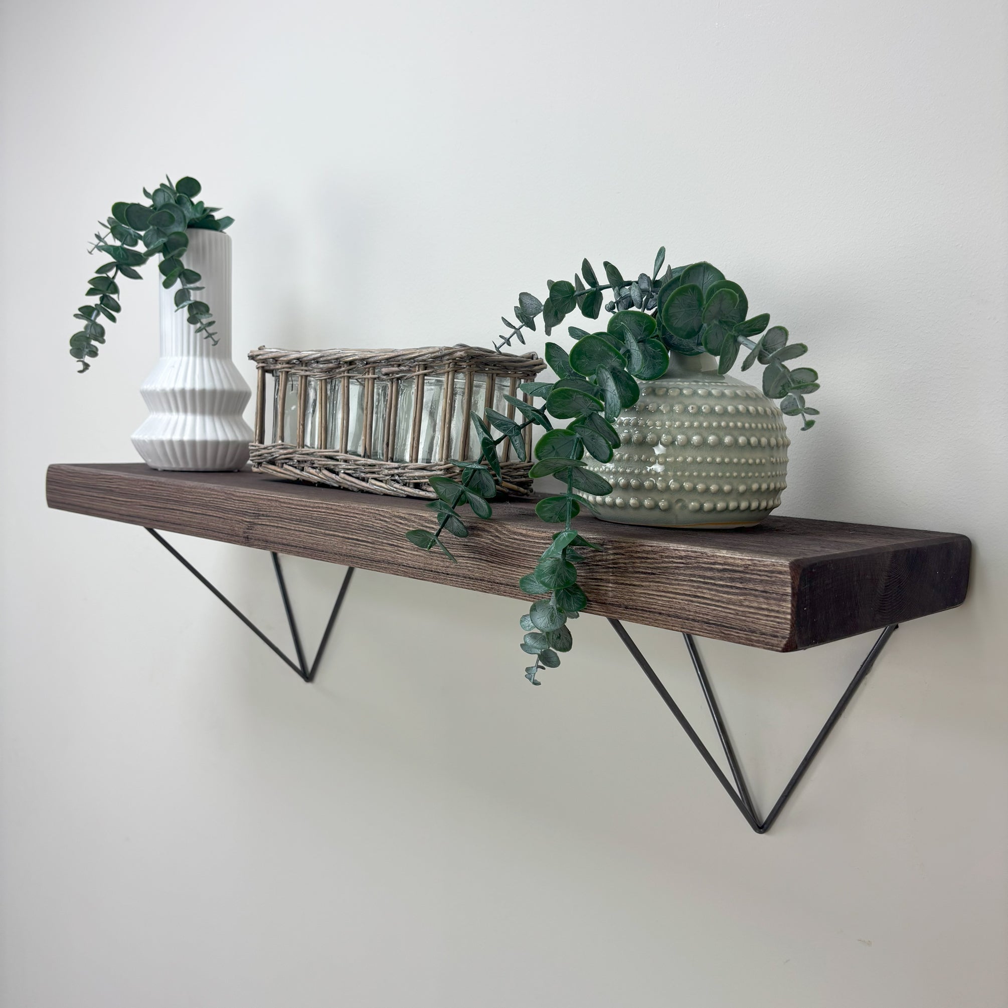 Bowes Rustic Wooden Shelf with Raw Steel Brackets - 22cm x 4.5cm - walnut