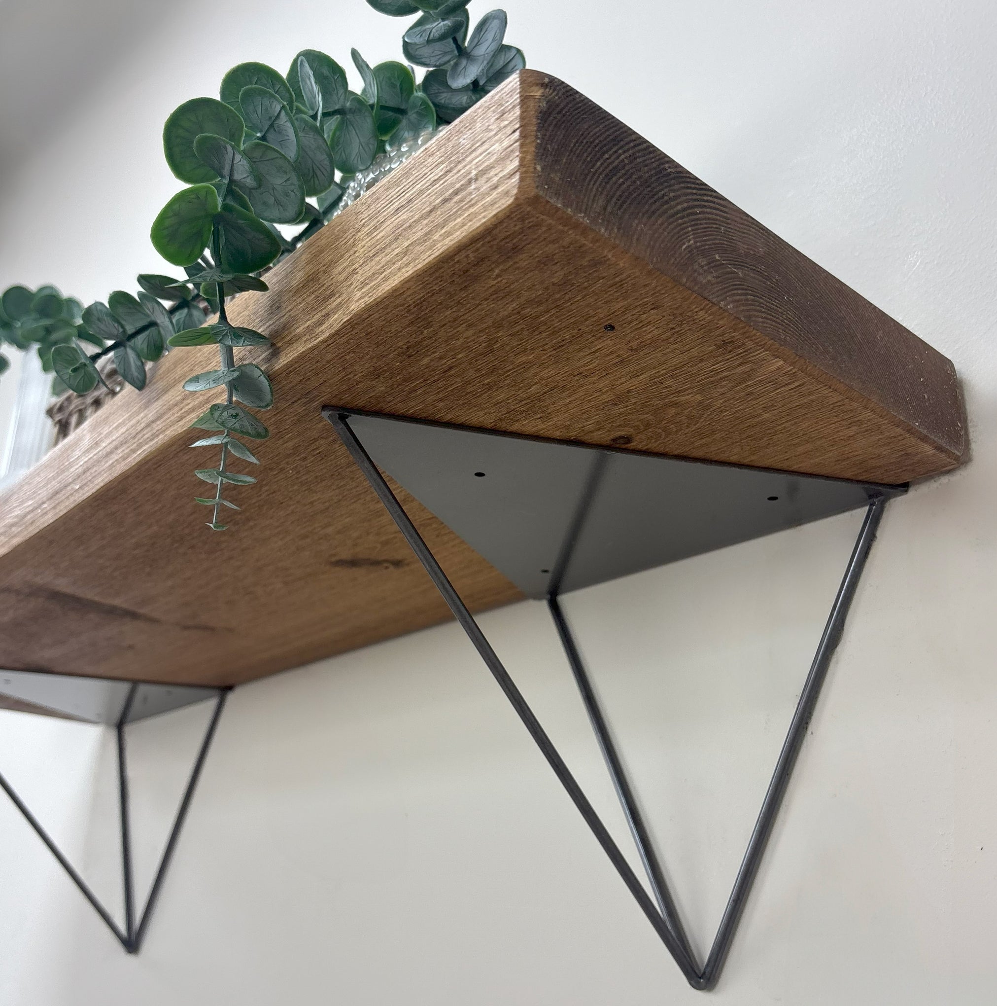 Bowes Rustic Wooden Shelf with Raw Steel Brackets - 22cm x 4.5cm - medium oak