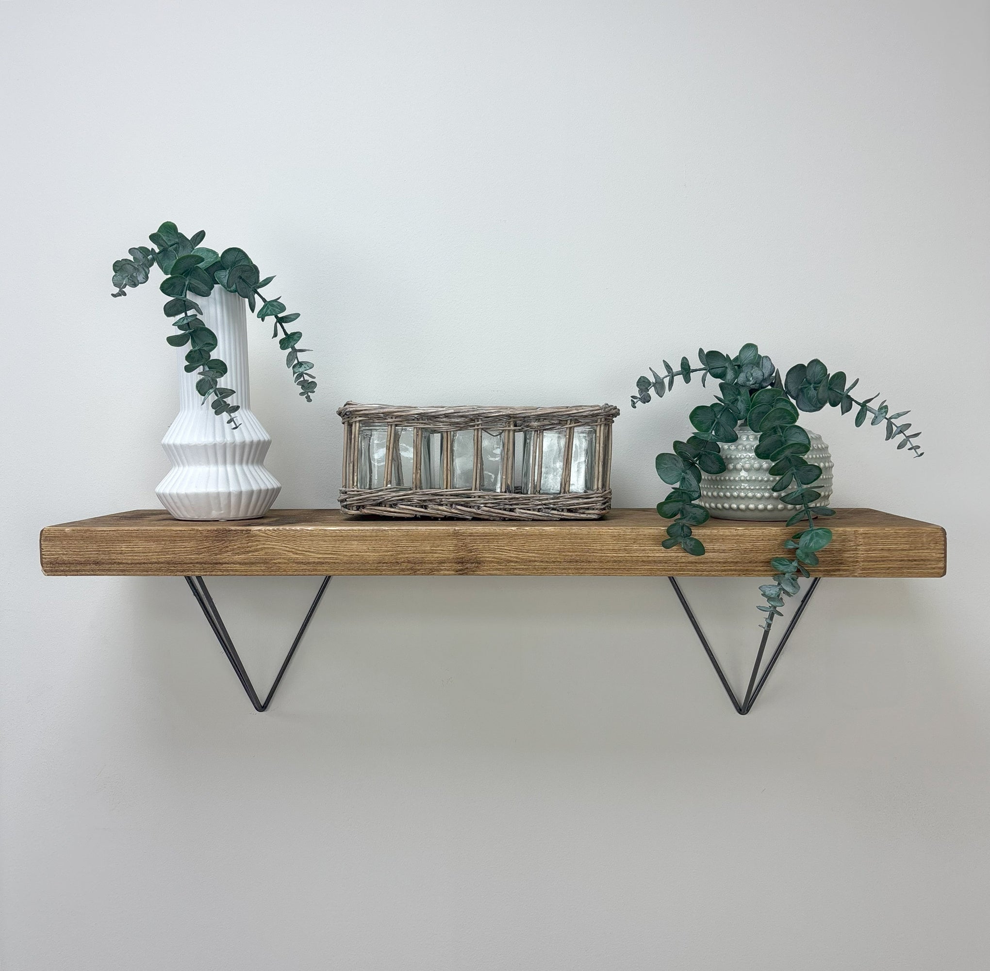 Bowes Rustic Wooden Shelf with Raw Steel Brackets - 22cm x 4.5cm - medium oak