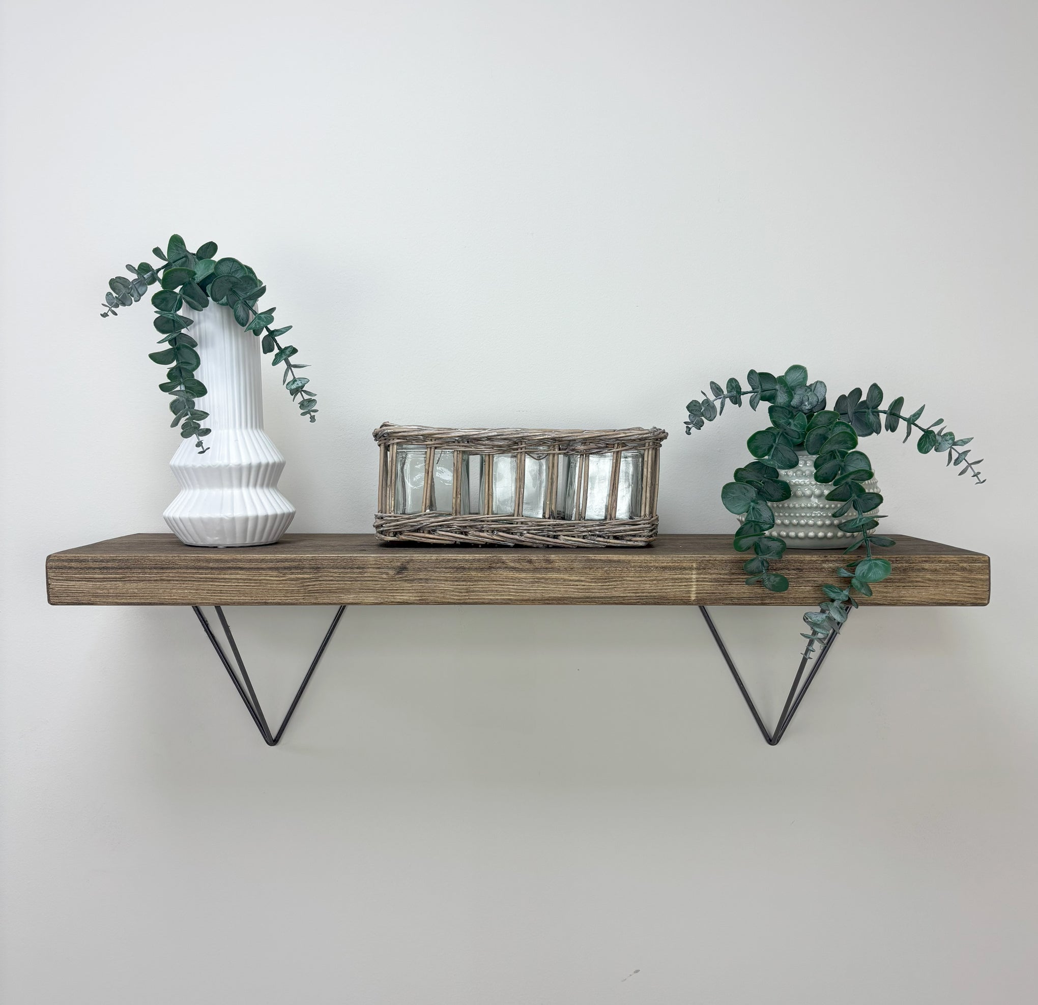 Bowes Rustic Wooden Shelf with Raw Steel Brackets - 22cm x 4.5cm - smoke pine