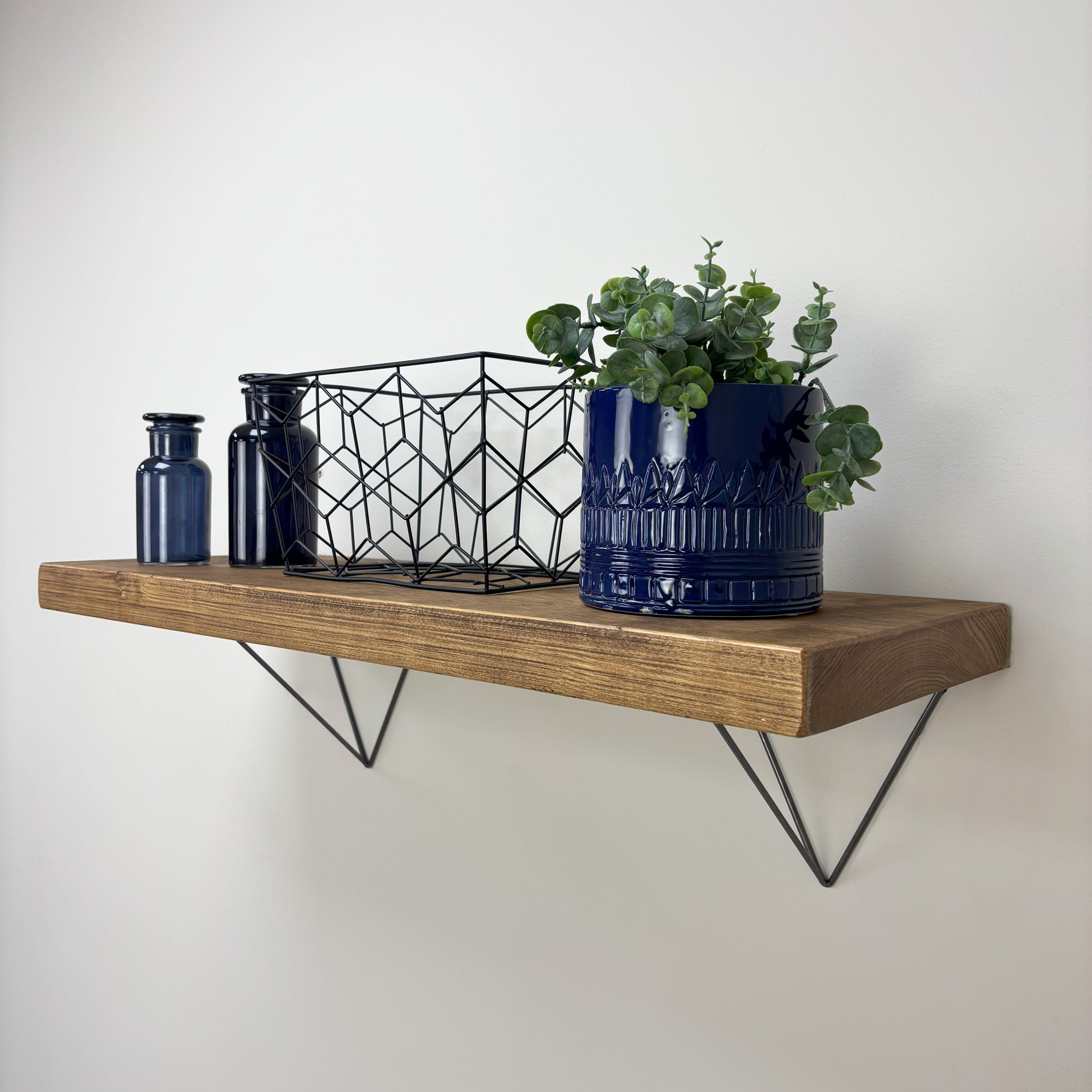 Bowes Rustic Wooden Shelf with Raw Steel Brackets - 29cm x 4.5cm - medium oak