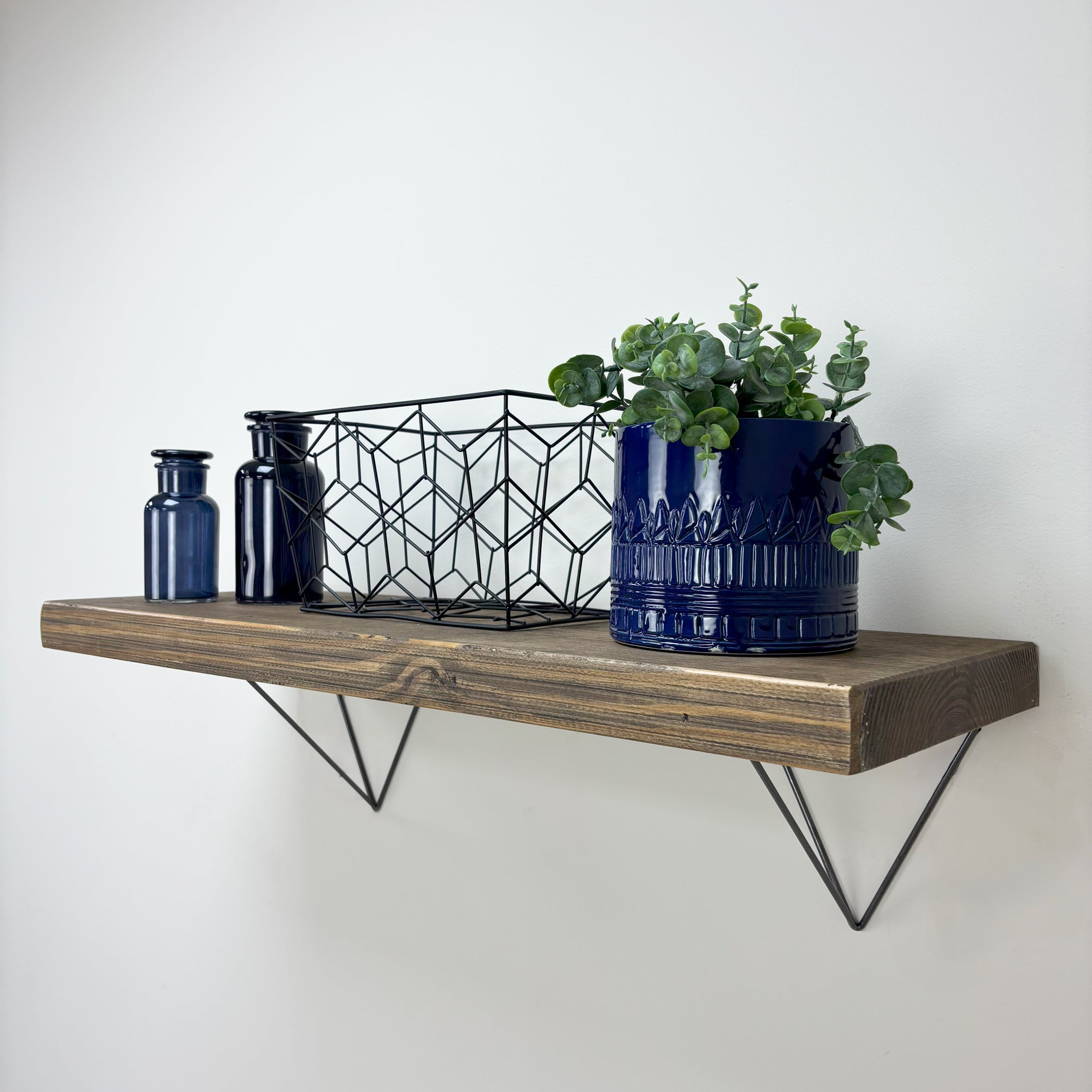 Bowes Rustic Wooden Shelf with Raw Steel Brackets - 29cm x 4.5cm - Smoke Pine