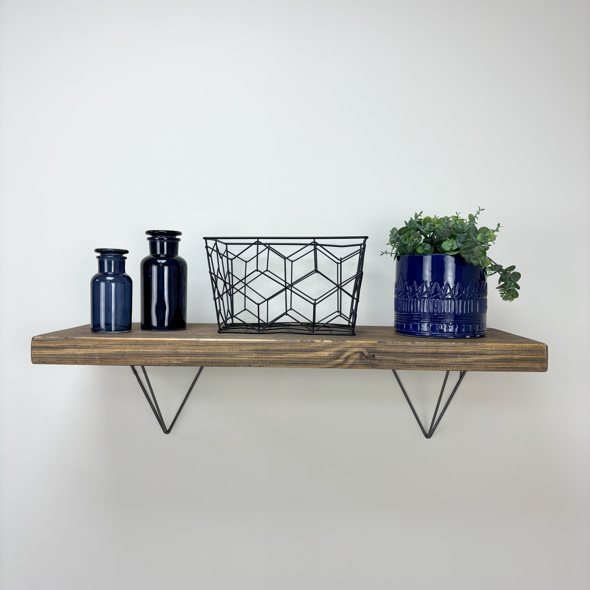 Bowes Rustic Wooden Shelf with Raw Steel Brackets - 29cm x 4.5cm - Smoke Pine