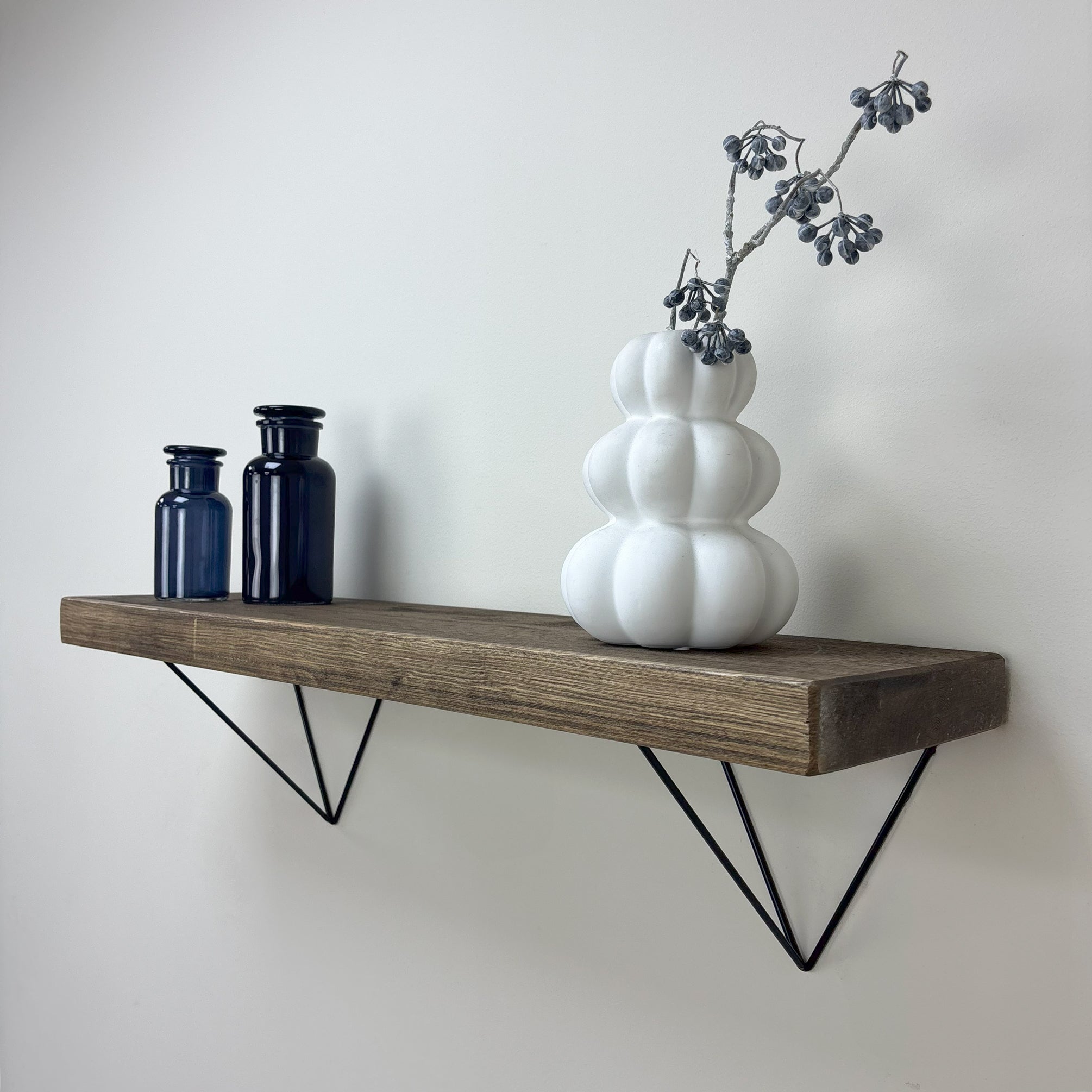 Bowes Rustic Wooden Shelf with Black Metal Brackets - 22cm x 4.5cm - smoke pine