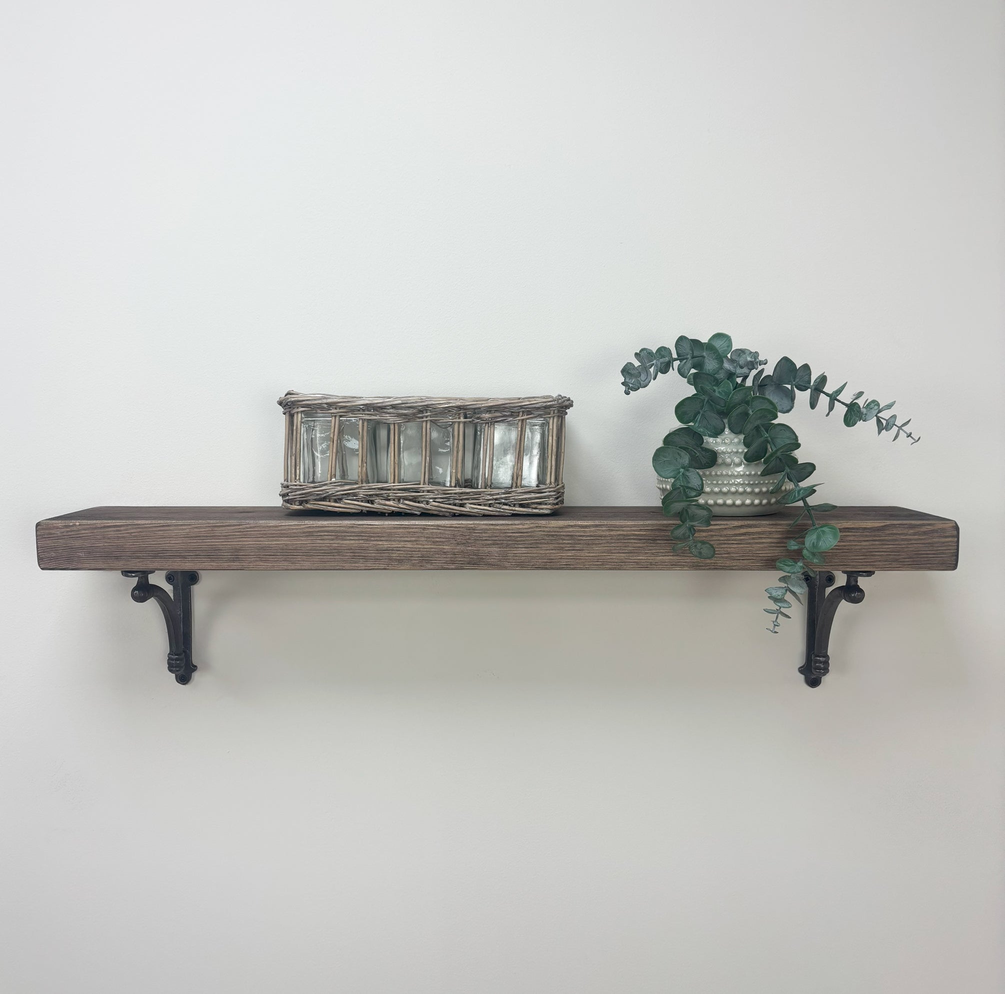 Causey Rustic Wooden Shelf with Brackets - 14.5cm x 4.5cm - Smoke Pine