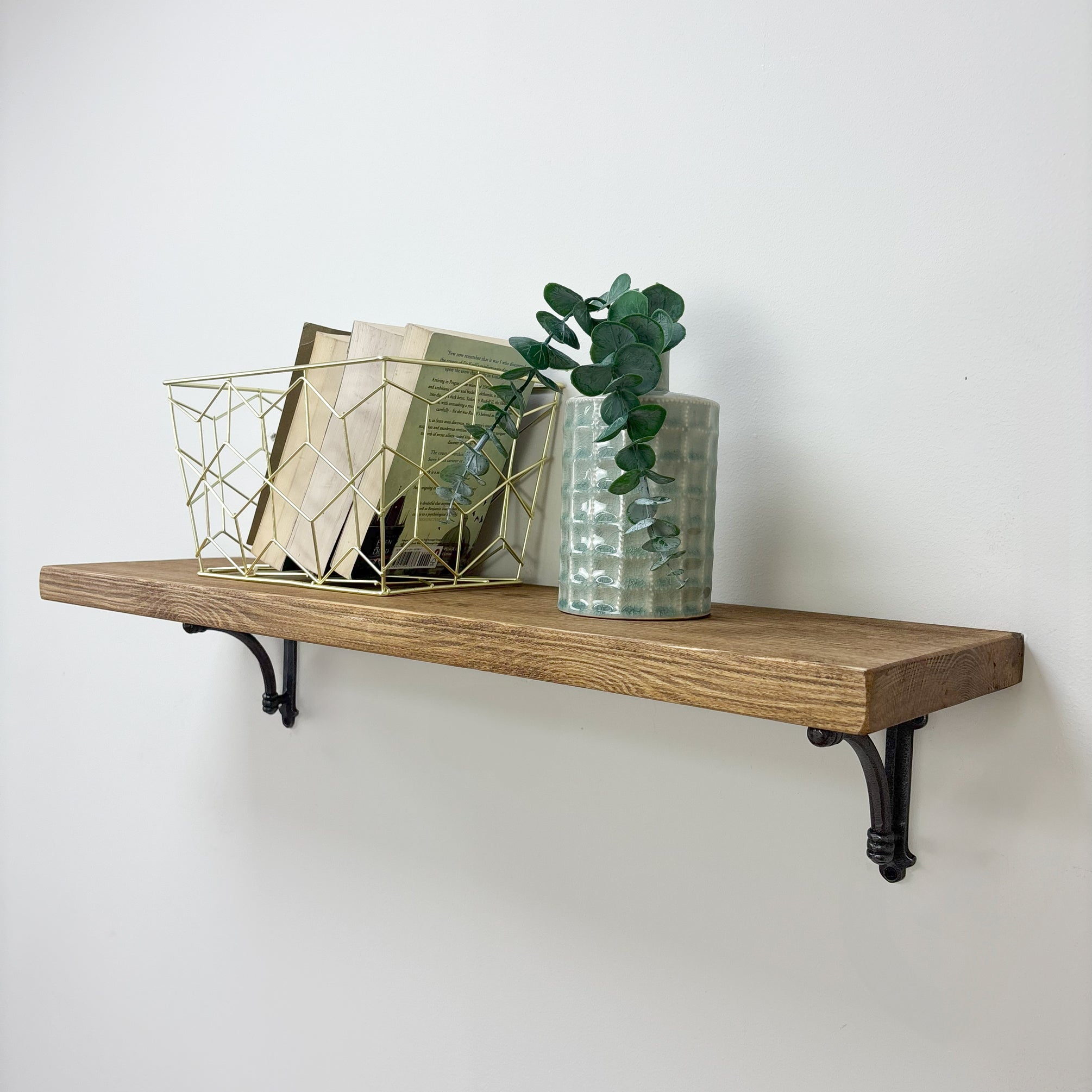 Causey Rustic Wooden Shelf with Brackets - 22cm x 3.5cm - Medium Oak