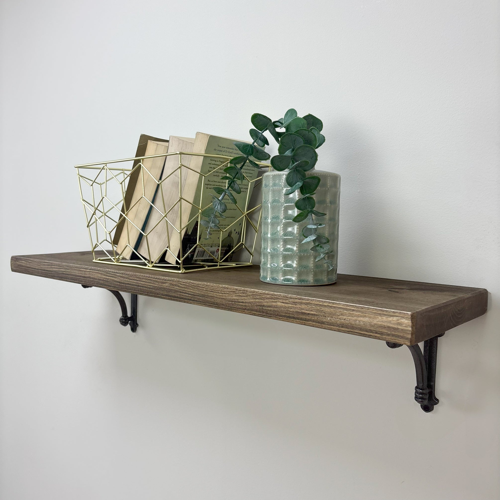 Causey Rustic Wooden Shelf with Brackets - 22cm x 3.5cm - Smoke Pine