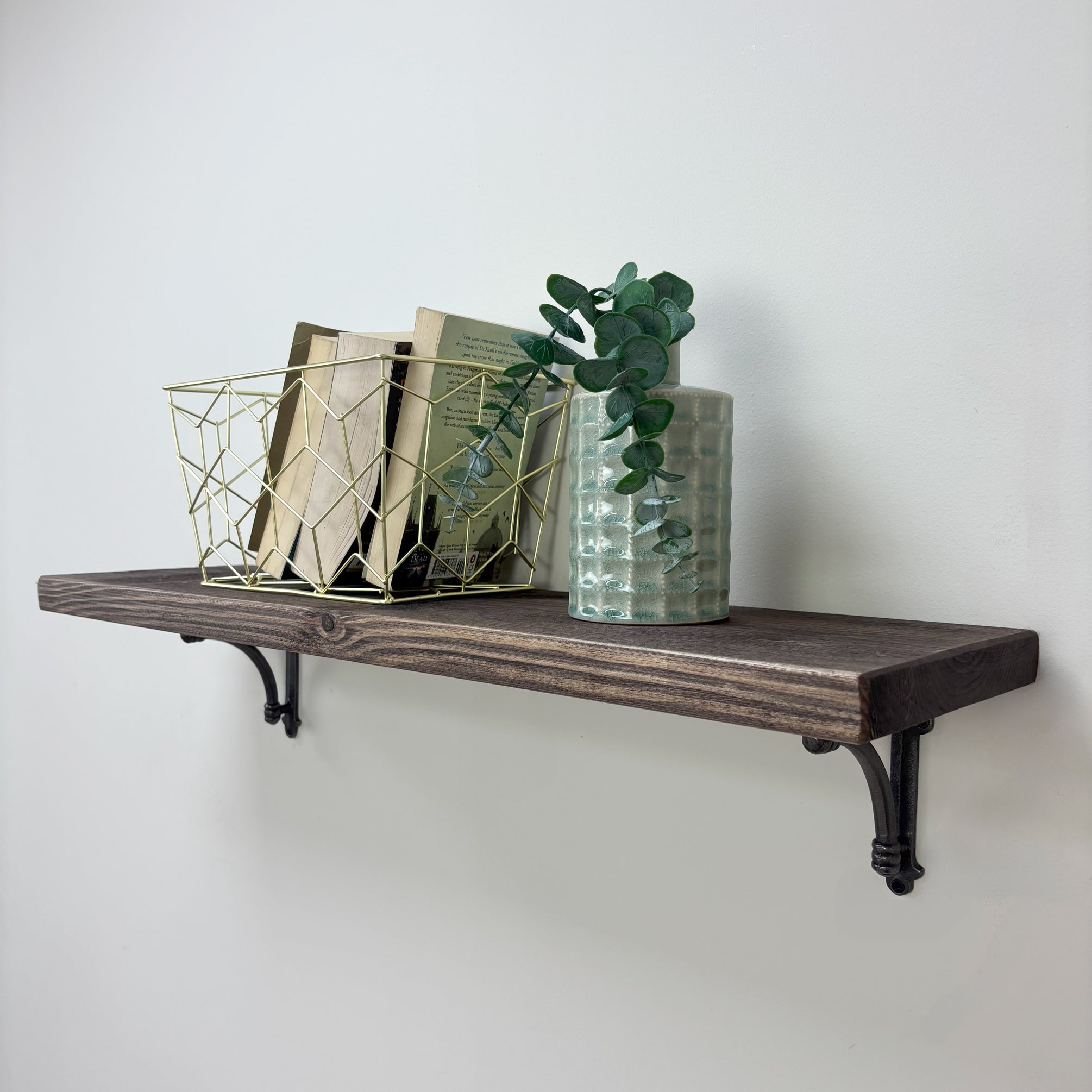 Causey Rustic Wooden Shelf with Brackets - 22cm x 3.5cm - walnut