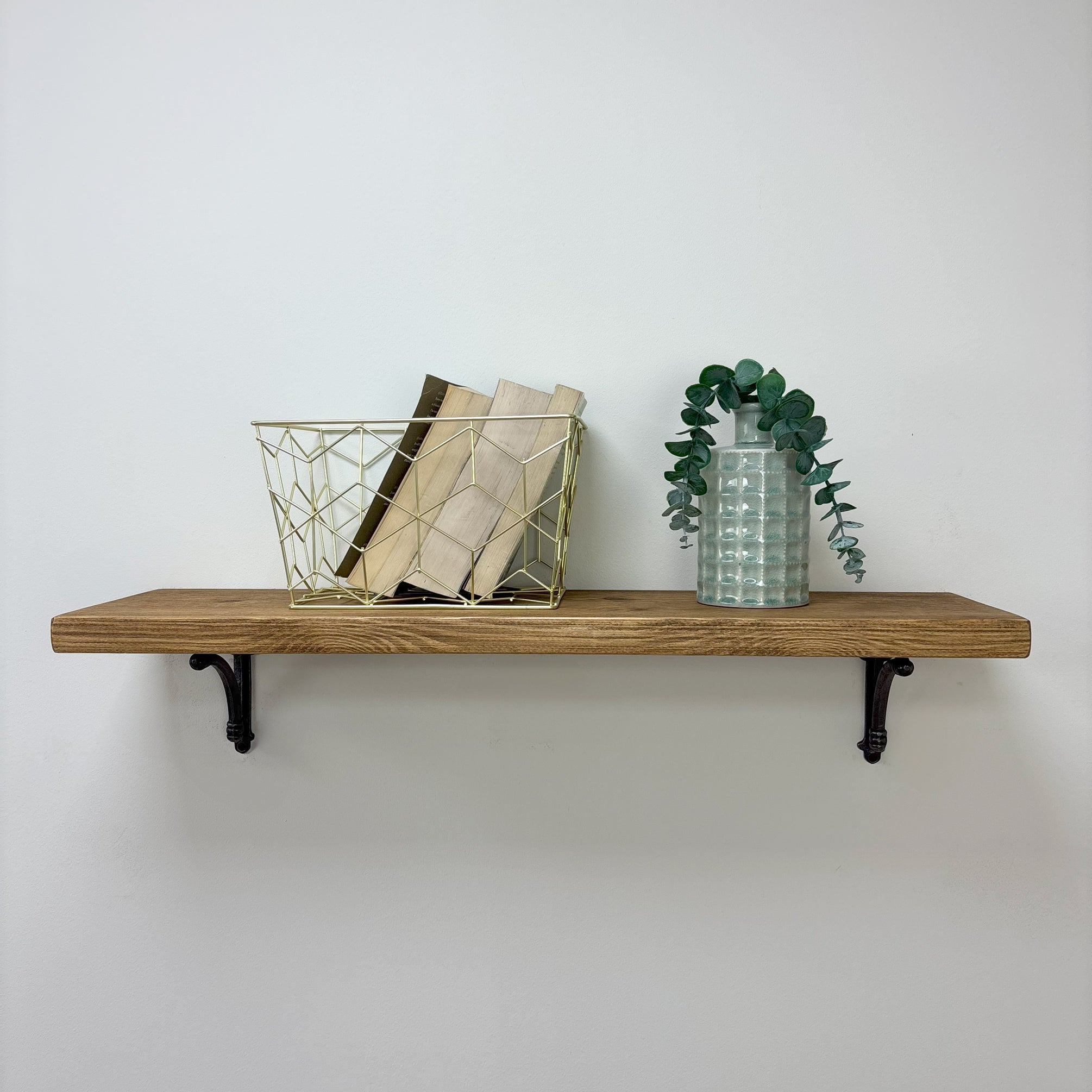 Causey Rustic Wooden Shelf with Brackets - 22cm x 3.5cm - medium oak