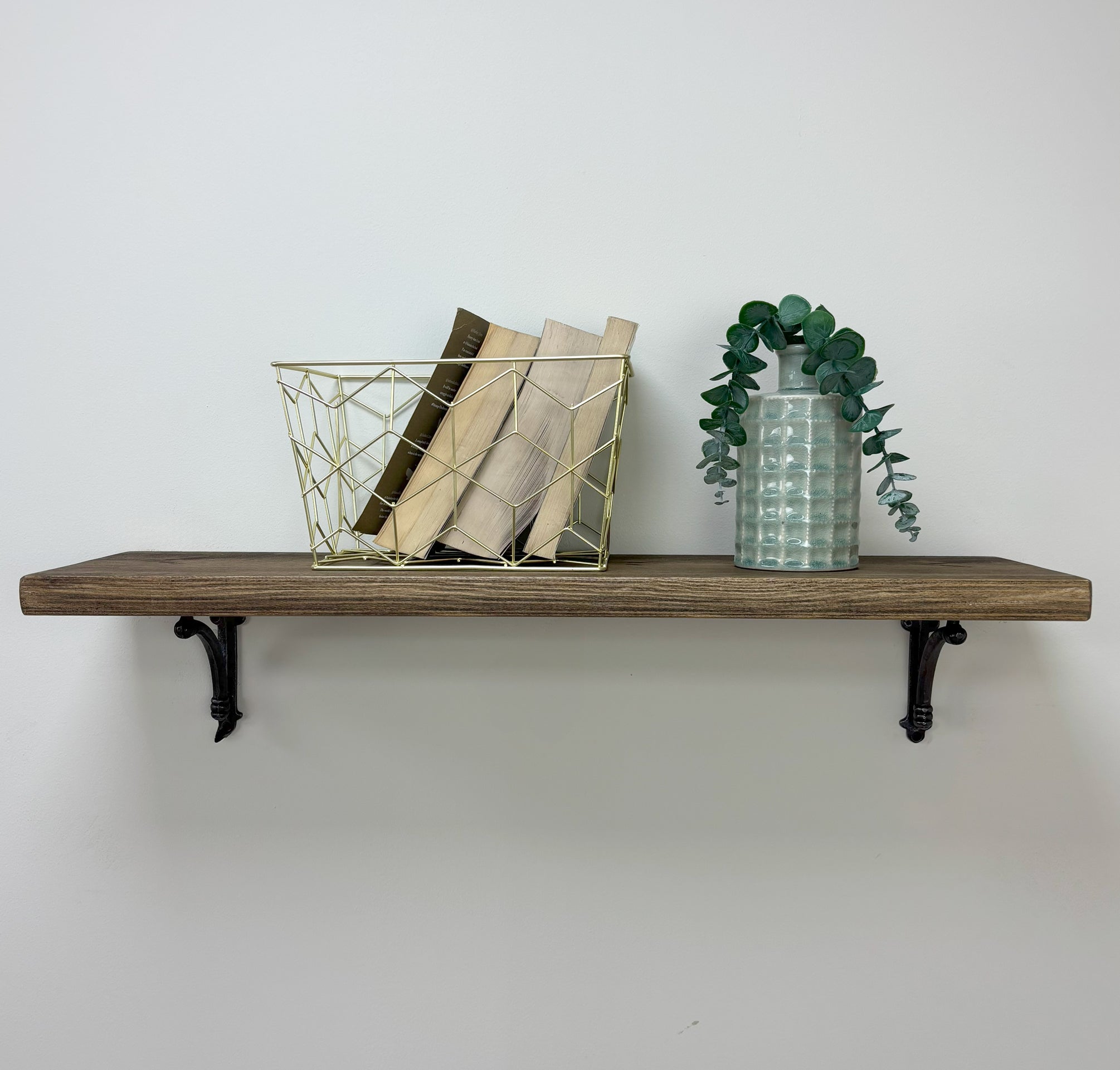 Causey Rustic Wooden Shelf with Brackets - 22cm x 3.5cm - Smoke Pine