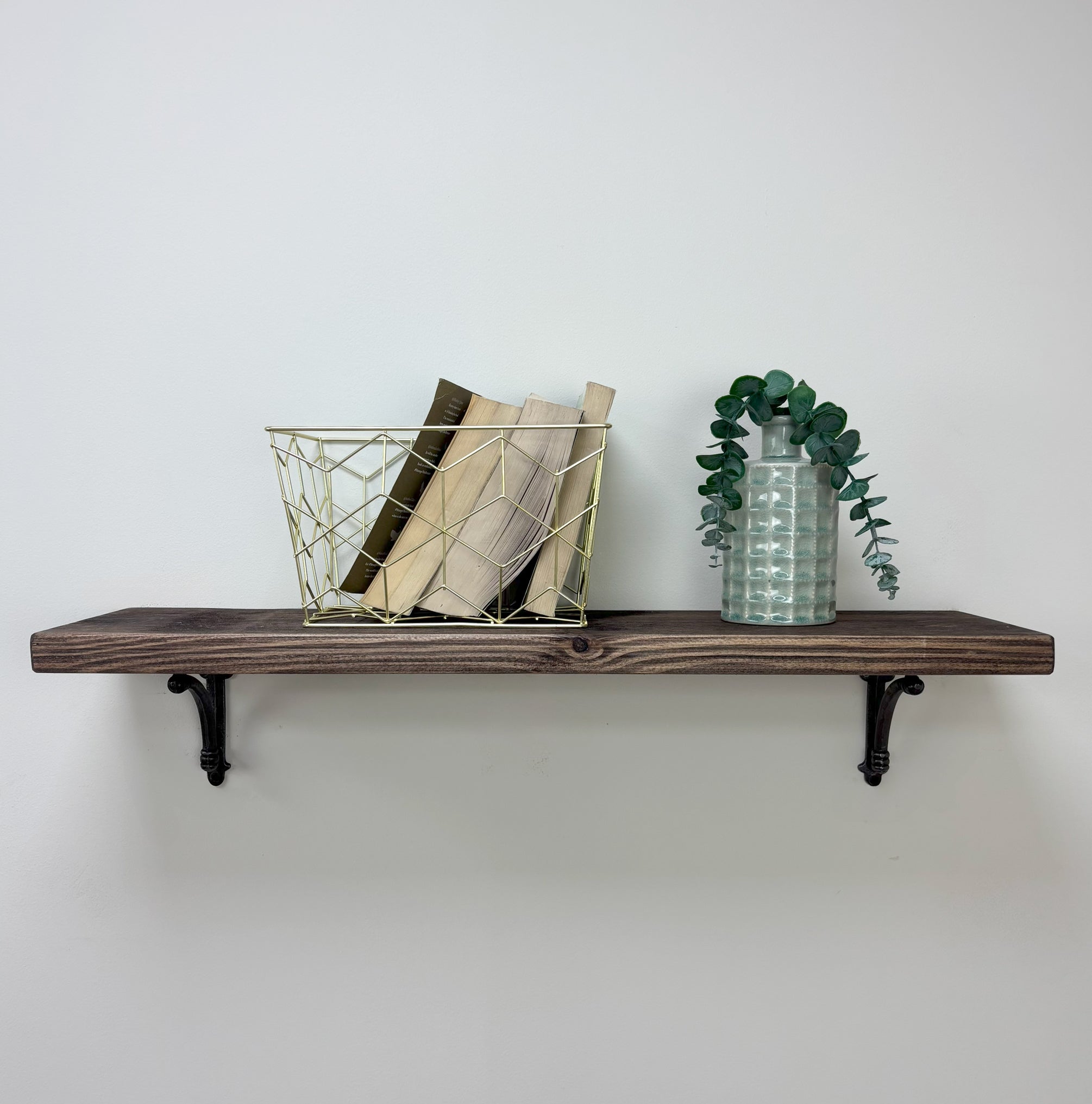 Causey Rustic Wooden Shelf with Brackets - 22cm x 3.5cm - Walnut