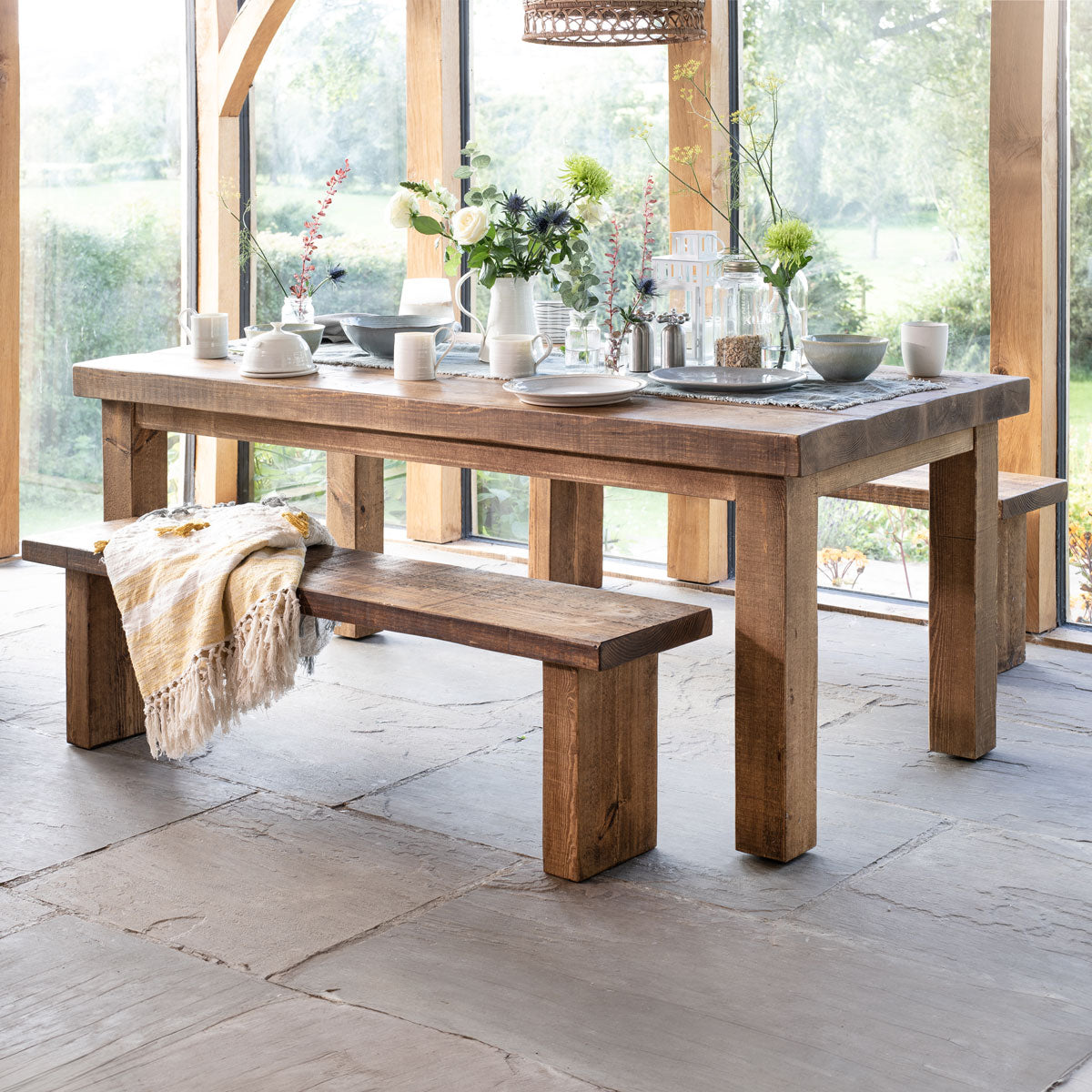 Reclaimed Wood Farmhouse Dining Table And Bench Morden Fort 3 Pieces