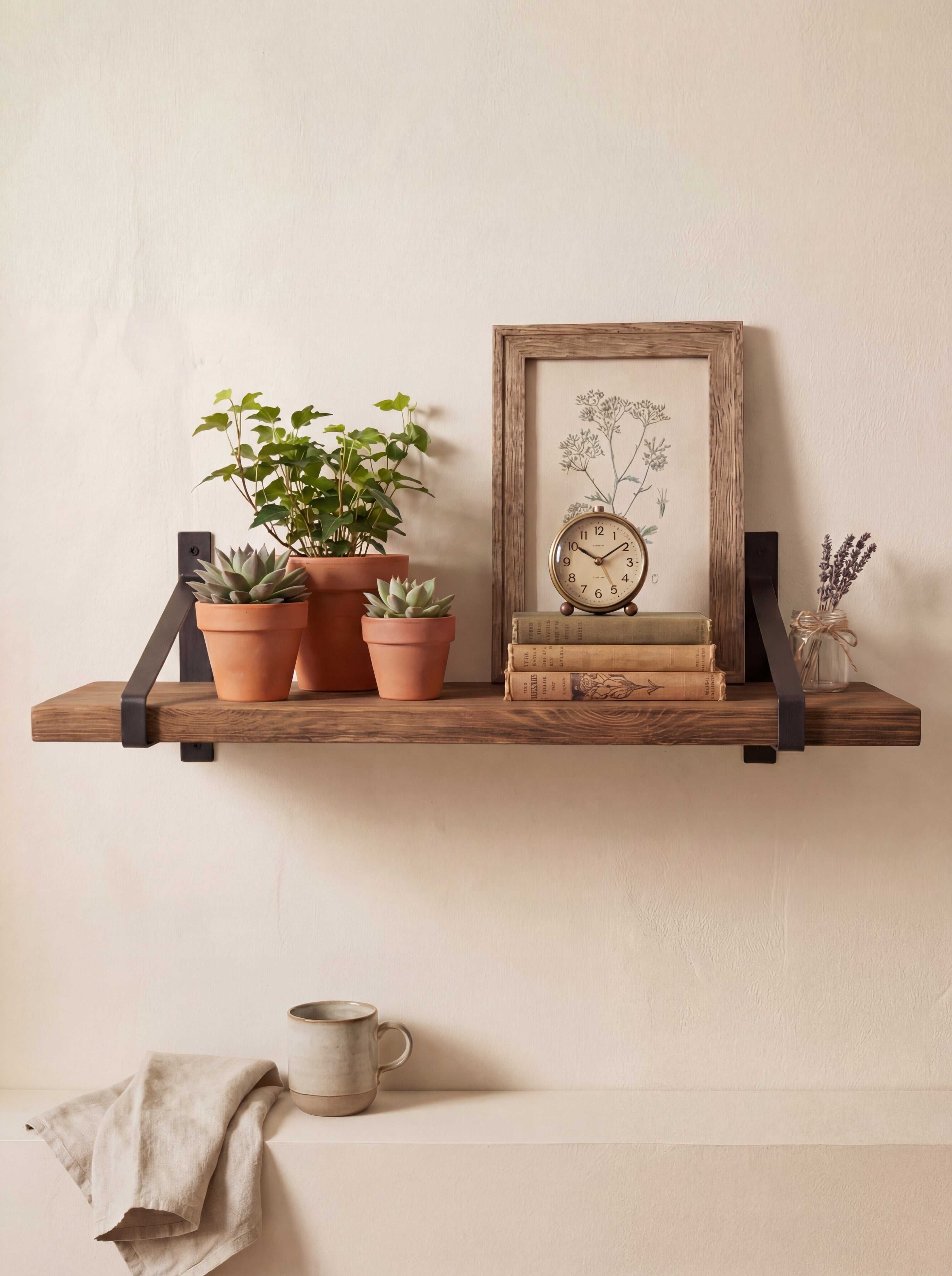 Armstrong Rustic Wooden Shelf with Brackets - 22cm x 3.5cm