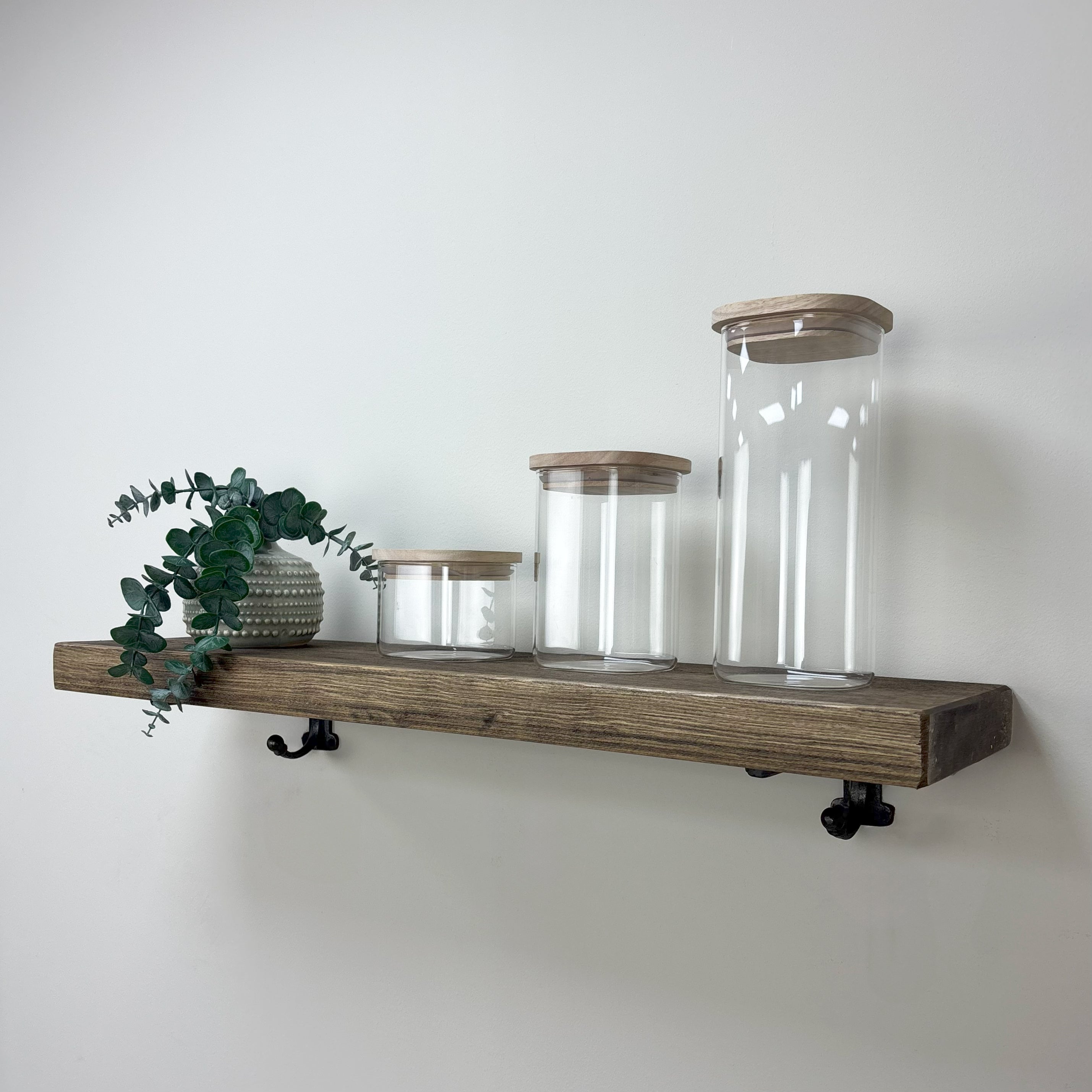 Hutton Rustic Wooden Shelf with Brackets - 22cm x 4.5cm - Smoke Pine