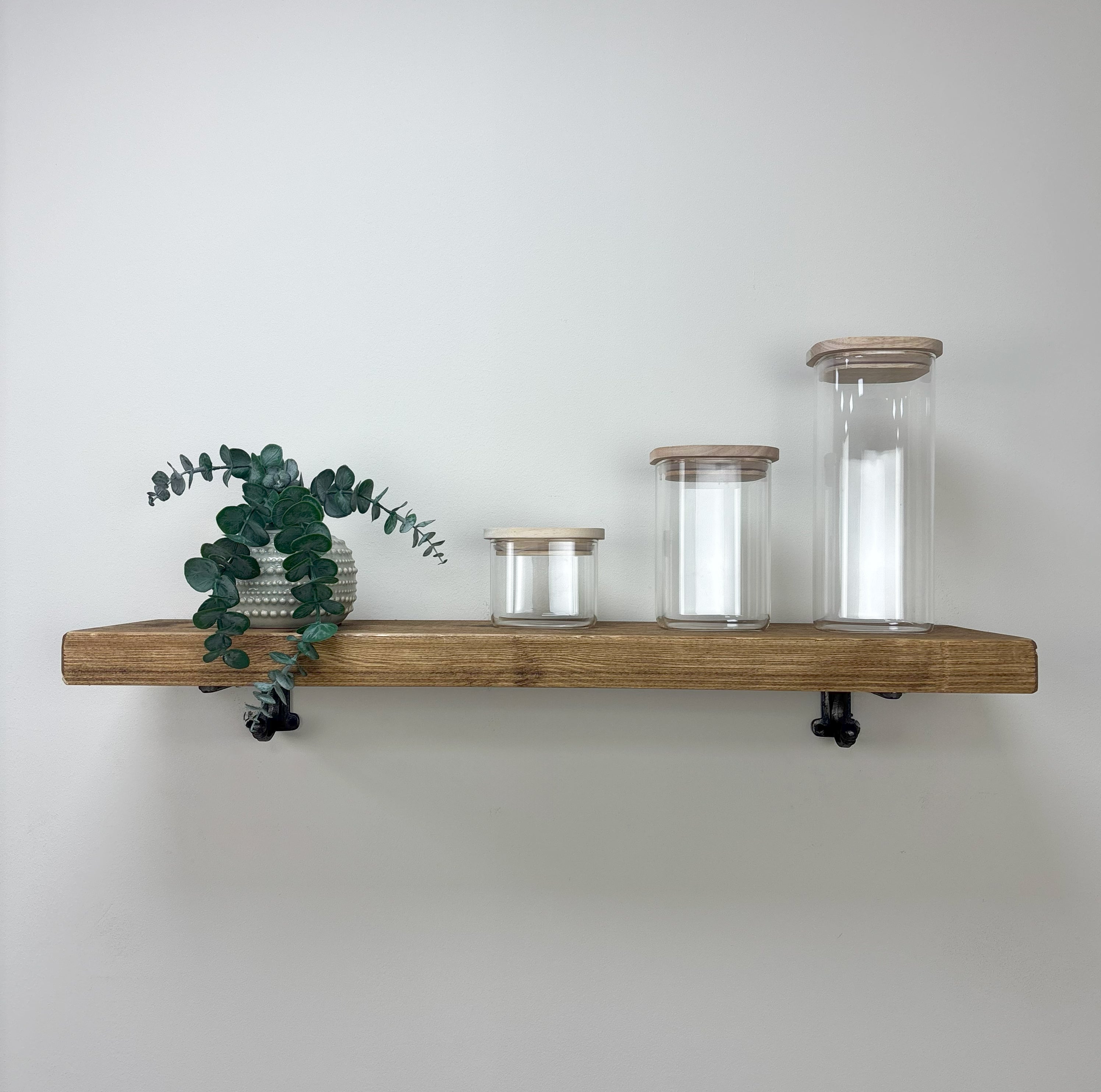 Hutton Rustic Wooden Shelf with Brackets - 22cm x 4.5cm - Medium Oak