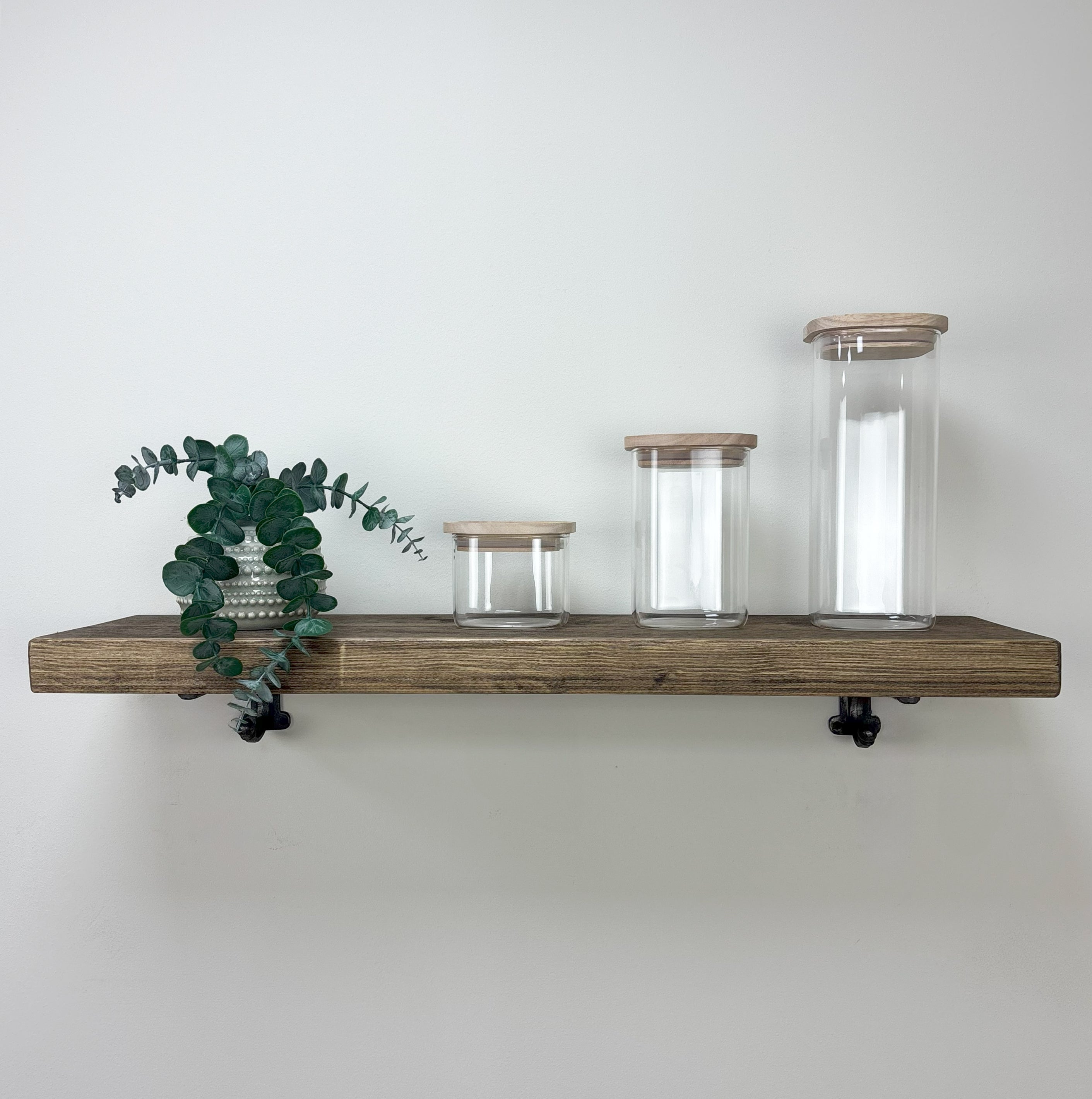 Hutton Rustic Wooden Shelf with Brackets - 22cm x 4.5cm - Smoke Pine
