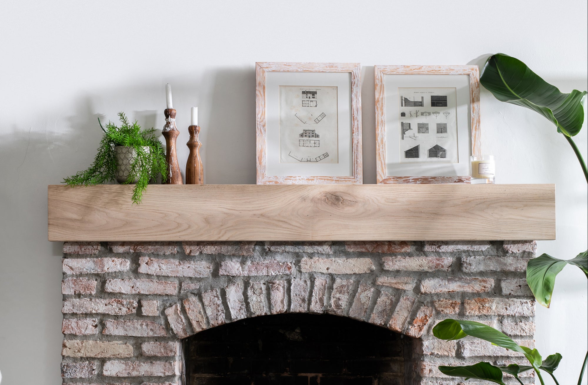 Mantel beam above fireplace