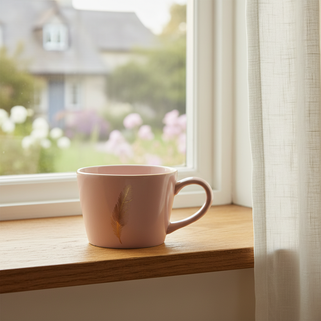 Pink Ceramic Mug With Gold Feather