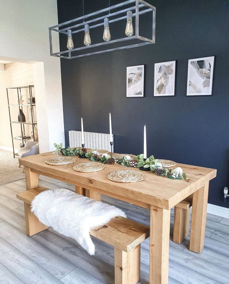 Wooden dining table with benches
