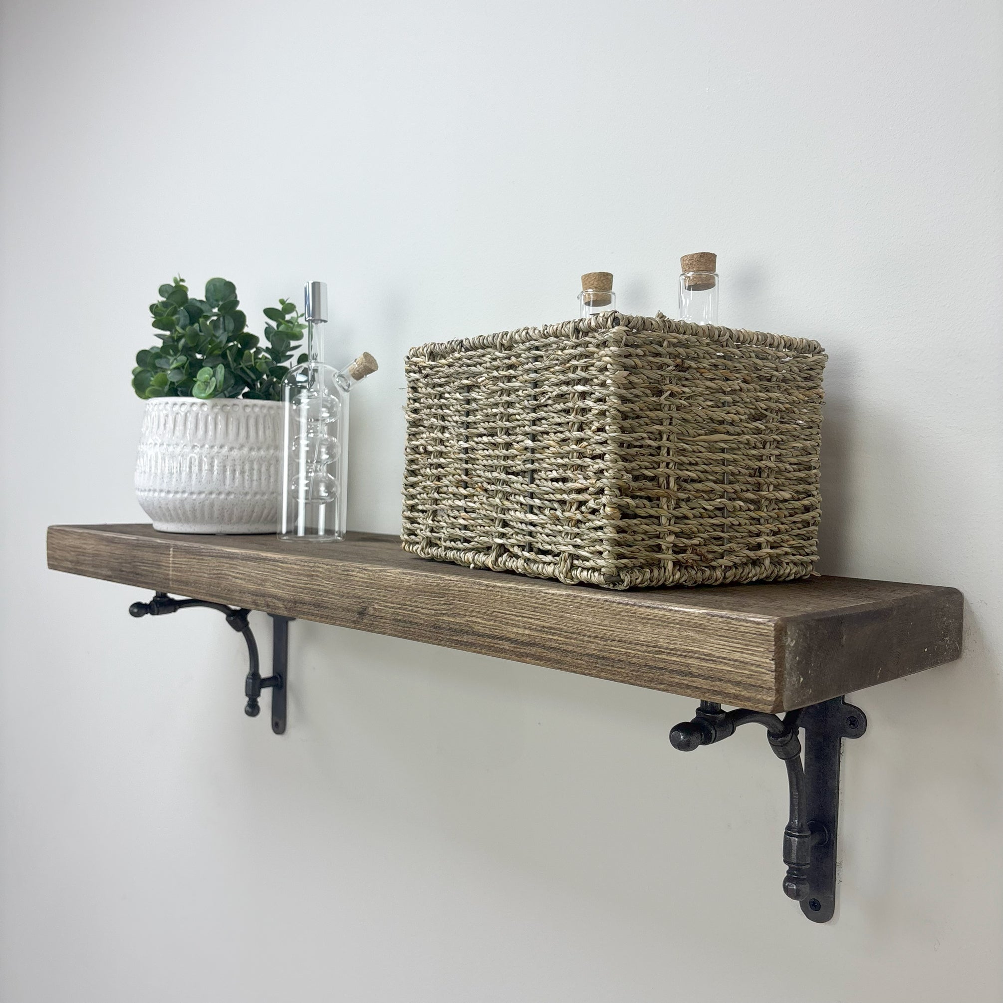 Tanfield Rustic Wooden Shelf with Brackets - 22cm x 4.5cm - Smoke Pine
