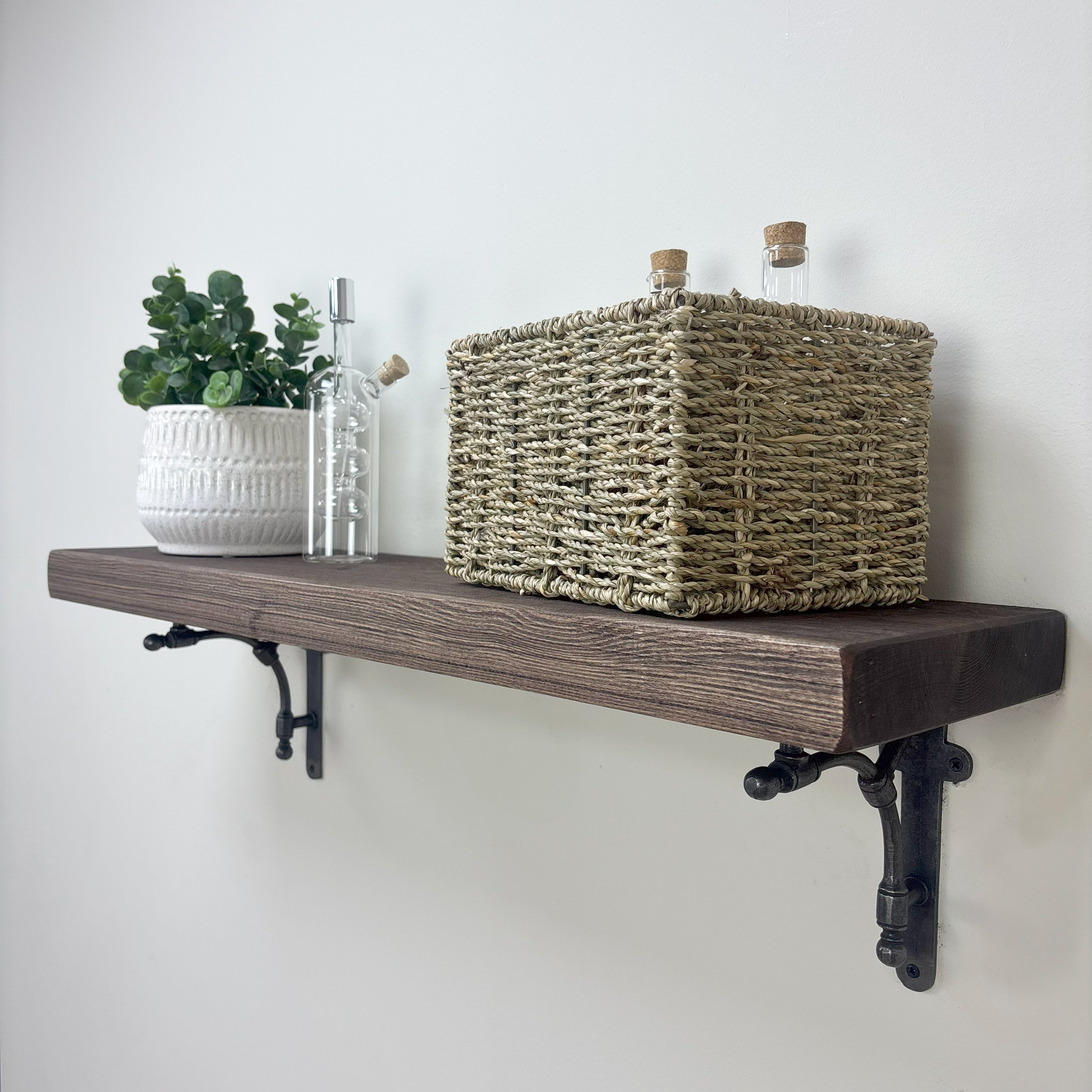 Tanfield Rustic Wooden Shelf with Brackets - 22cm x 4.5cm - Walnut