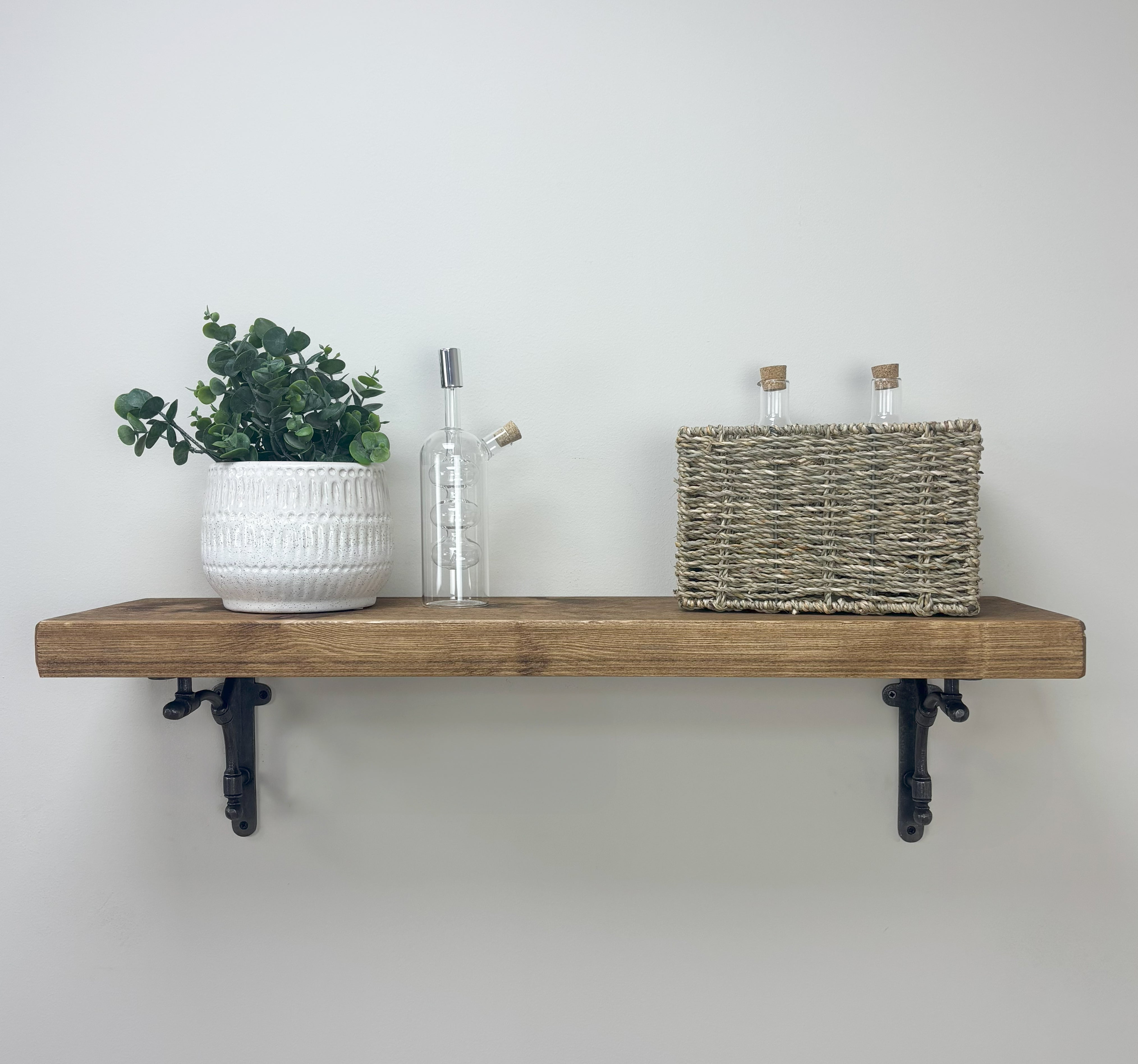 Tanfield Rustic Wooden Shelf with Brackets - 22cm x 4.5cm - Medium Oak