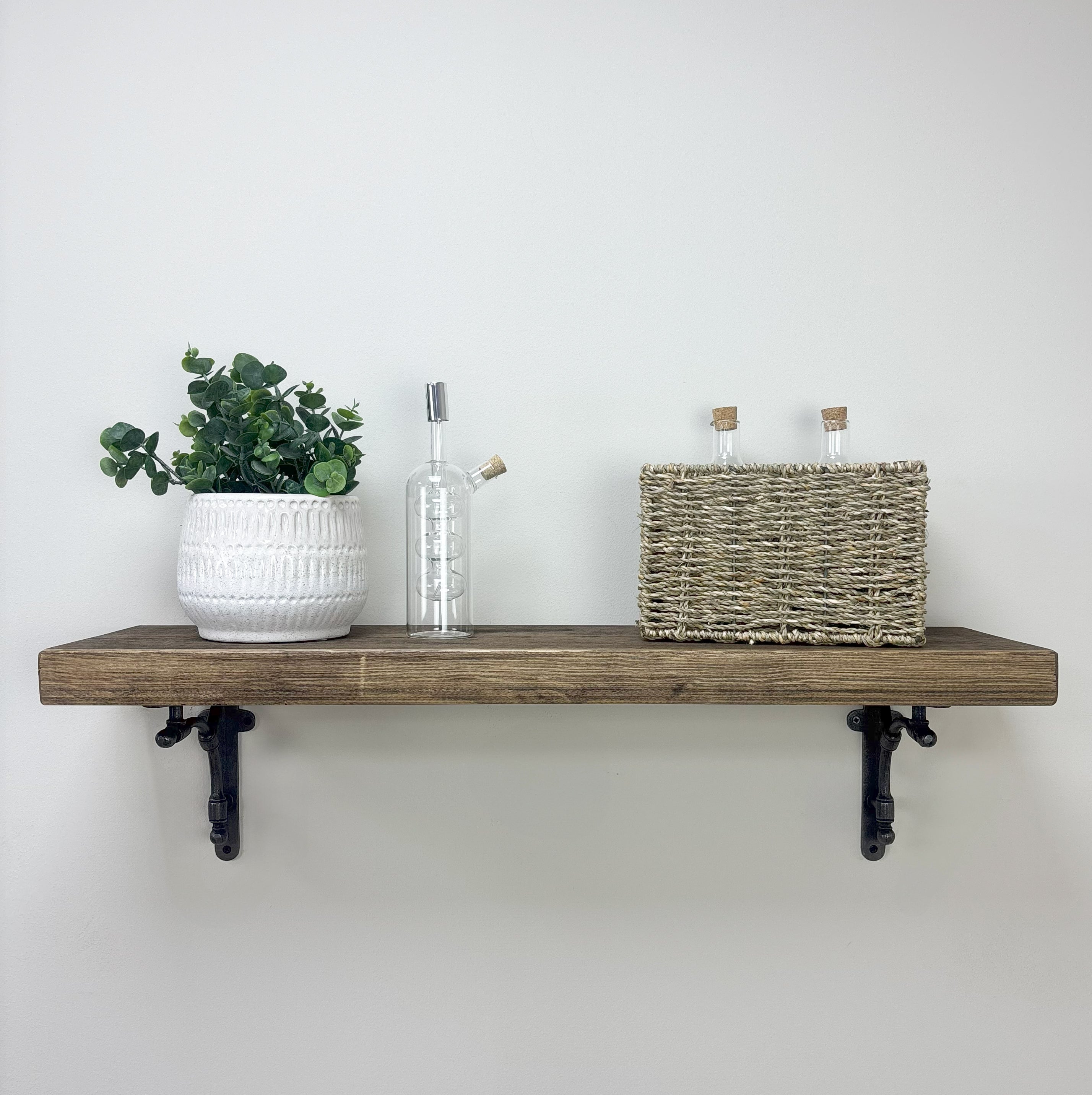 Tanfield Rustic Wooden Shelf with Brackets - 22cm x 4.5cm - Smoke Pine