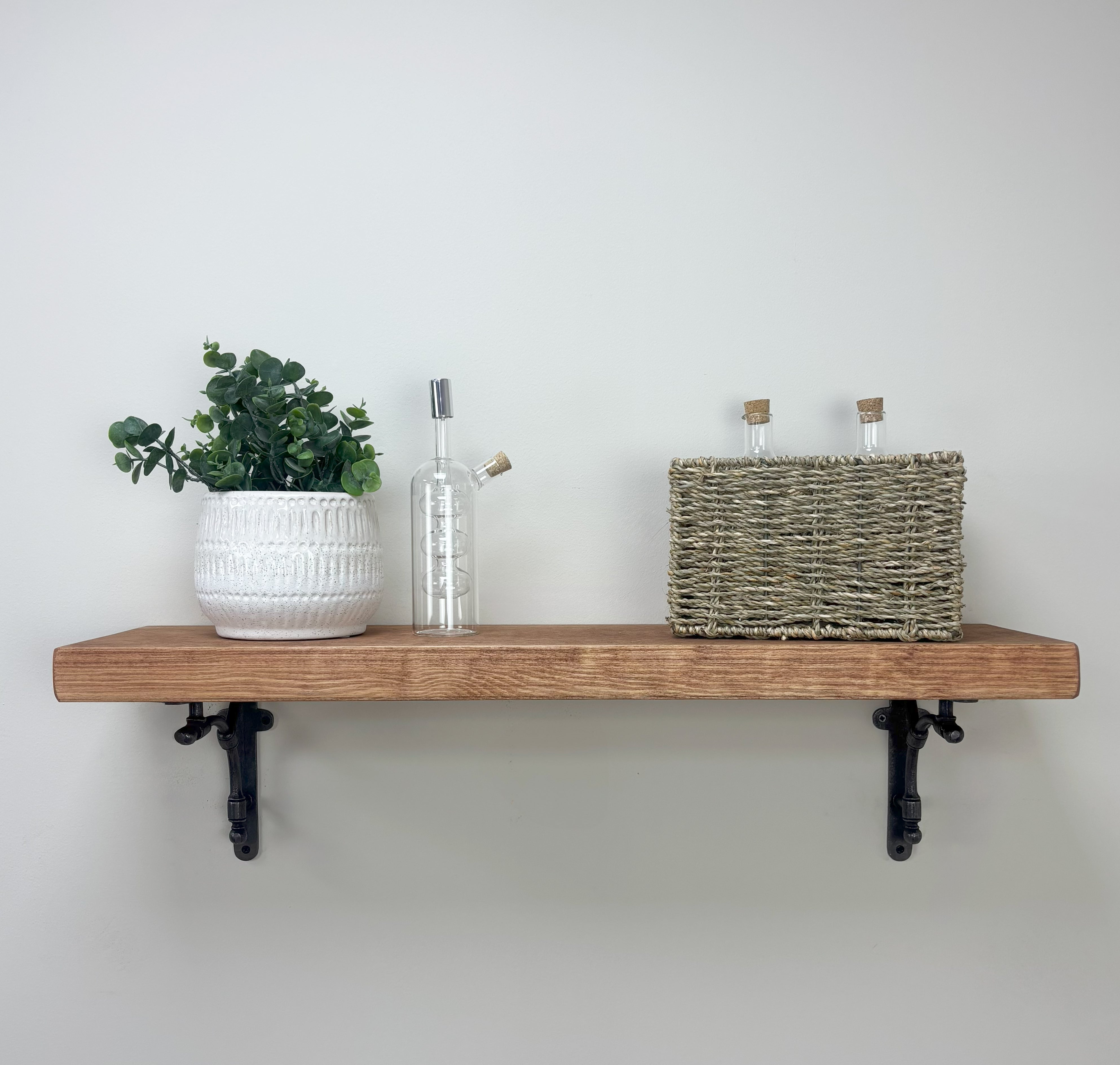 Tanfield Rustic Wooden Shelf with Brackets - 22cm x 4.5cm - Teak
