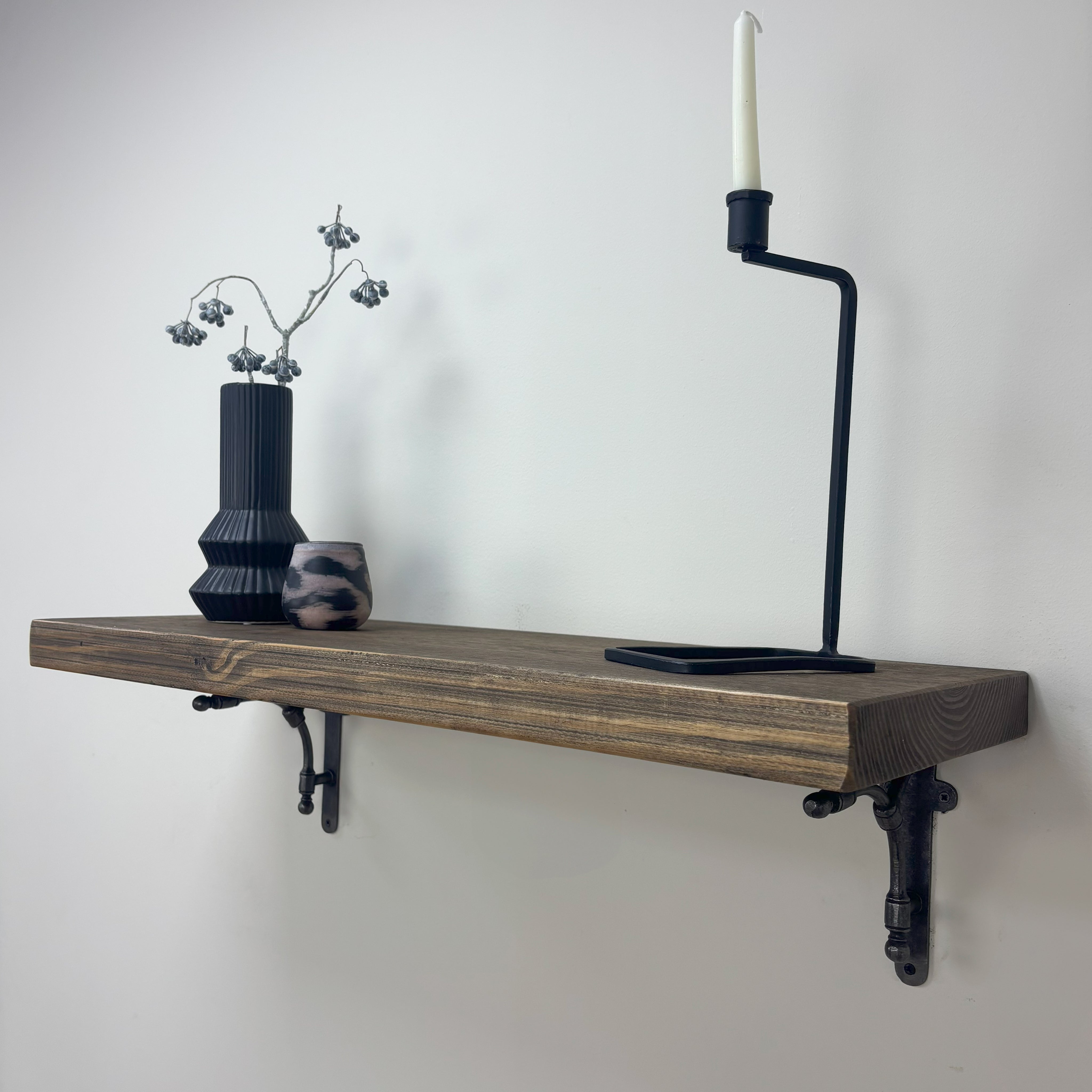 Tanfield Rustic Wooden Shelf with Brackets - 29cm x 4.5cm - Smoke Pine