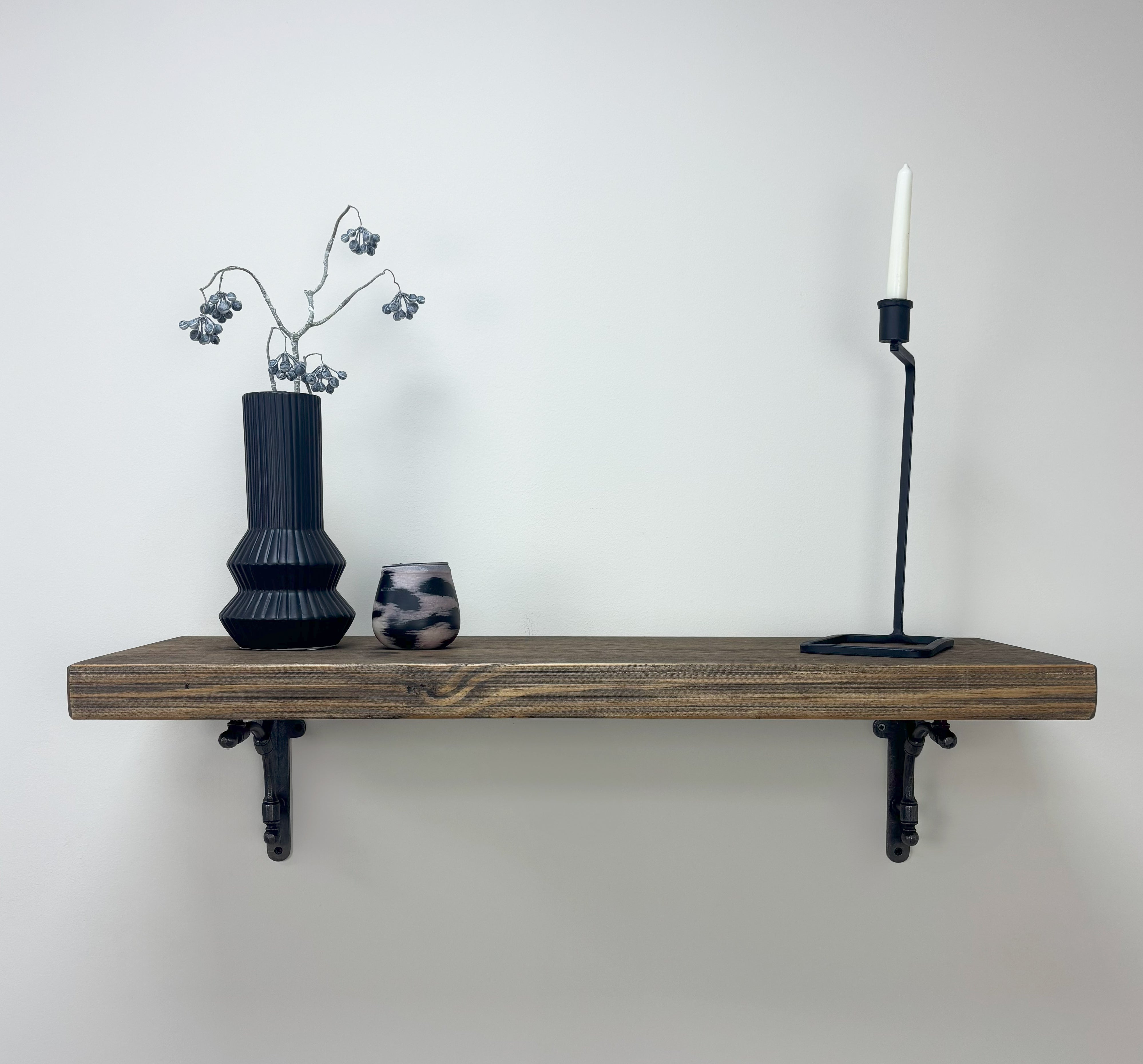 Tanfield Rustic Wooden Shelf with Brackets - 29cm x 4.5cm - Smoke Pine