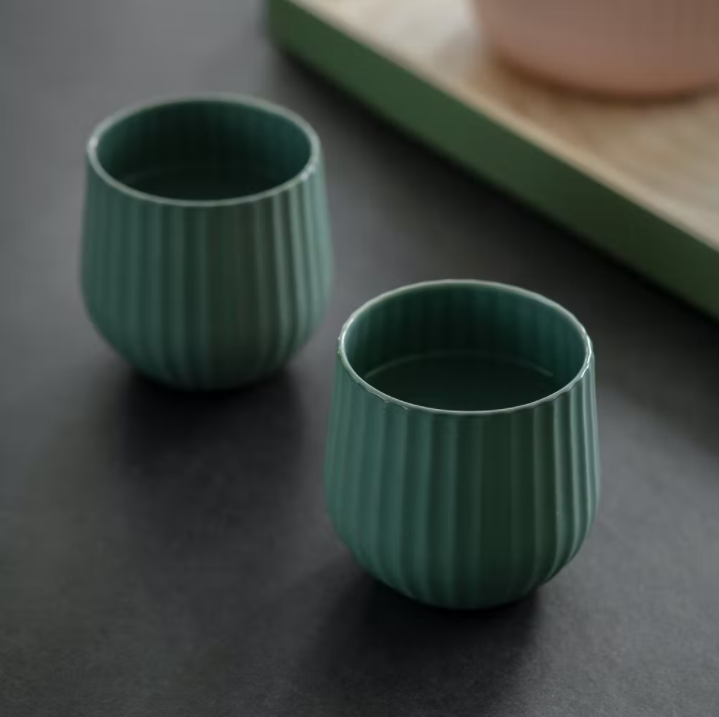 Green Ribbed Ceramic Tumblers - Set Of 2