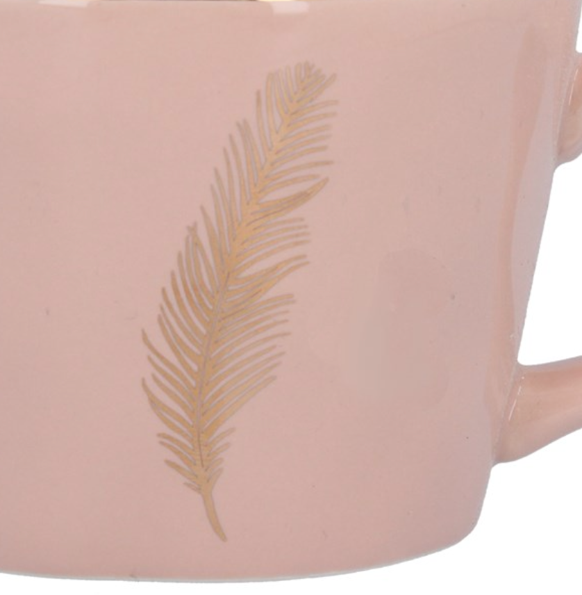 Pink Ceramic Mug With Gold Feather -