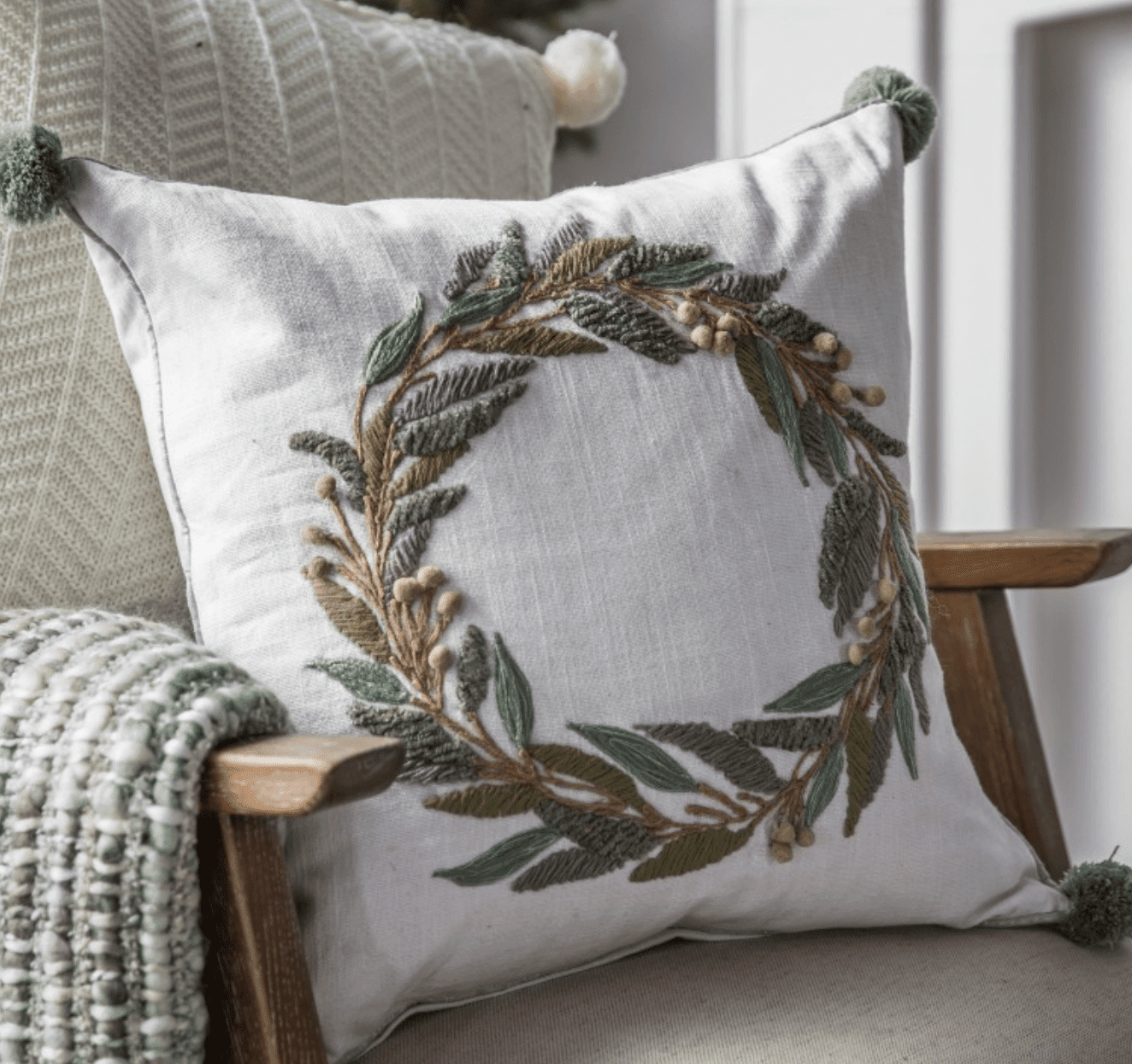 Embroidered Wreath Pom Pom Cushion - Outlet - Save 20%
