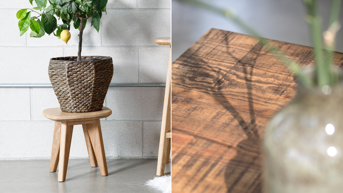 Plant stand and wood close-up