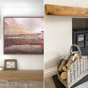 Two rustic living spaces featuring rustic mantel beams