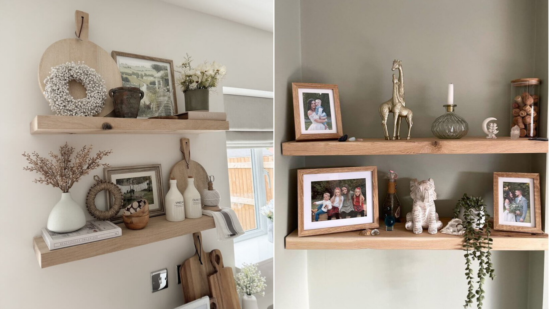 The image shows two sets of floating wooden shelves decorated with items like framed photos, vases, cutting boards, figurines, and small plants, creating a warm and inviting display on neutral and green-toned walls.