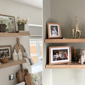 The image shows two sets of floating wooden shelves decorated with items like framed photos, vases, cutting boards, figurines, and small plants, creating a warm and inviting display on neutral and green-toned walls.