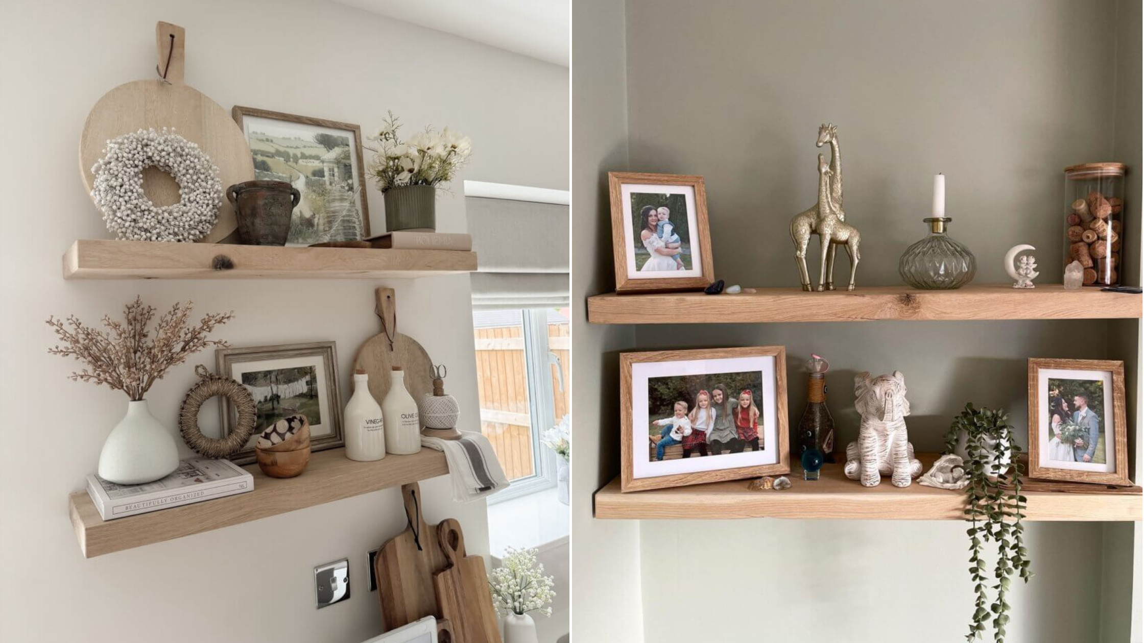 Two sets of floating wooden shelves decorated with items like framed photos, vases, cutting boards, and small plants.