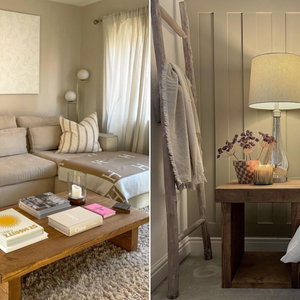 Two images, one shows a beige living room with a wooden coffee table and the other shows a neutral bedroom with a wooden bedside table.