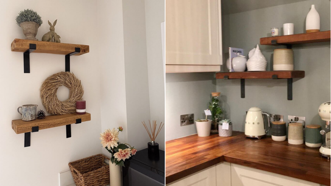 Two settings featuring industrial-style wooden shelves with black metal brackets. Decor includes plants, pottery, and rustic accessories on white walls