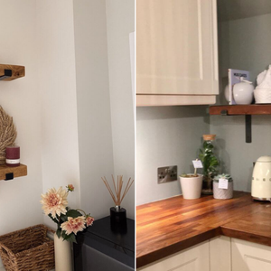 Two settings featuring industrial-style wooden shelves with black metal brackets. Decor includes plants, pottery, and rustic accessories on white walls