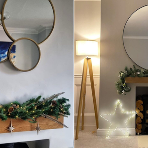 Two Images of Solid Wood Mantel Beams above fireplaces decorated with Christmas Garlands