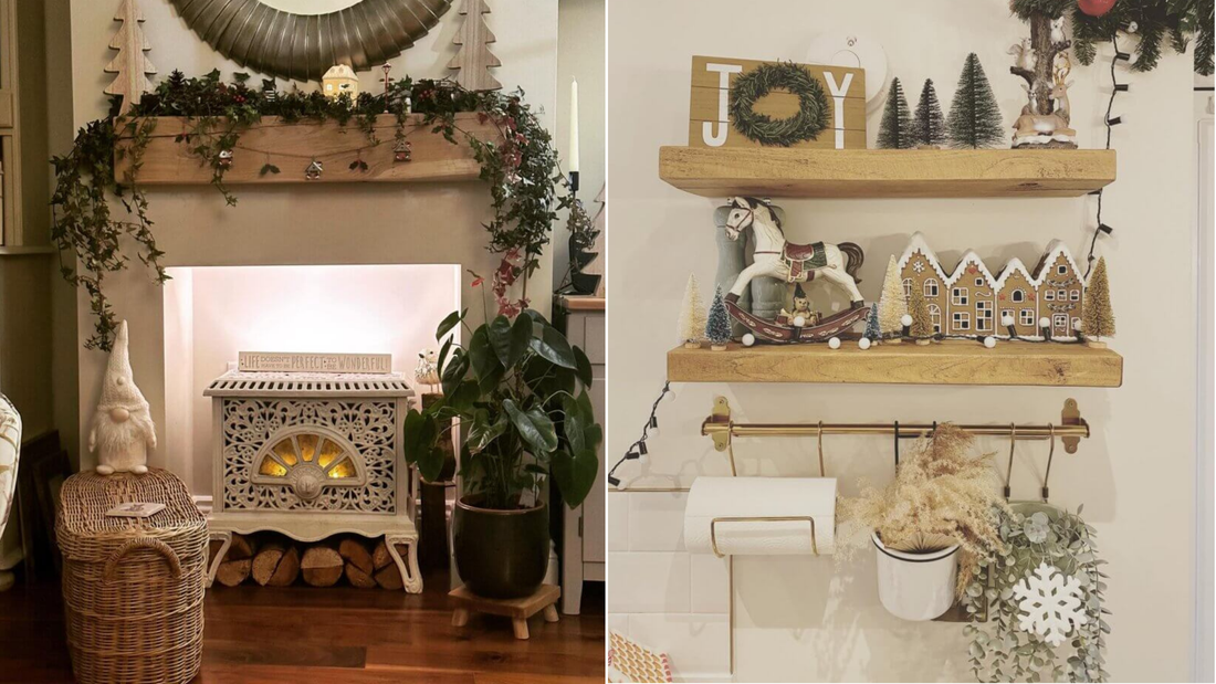 two images side by side. one features a cosy living room with a garland draped over a mantel. there is a white electric fireplace below and a circle mirror above. the other image features kitchen shelves with neutral Christmas decorations.