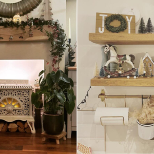 two images side by side. one features a cosy living room with a garland draped over a mantel. there is a white electric fireplace below and a circle mirror above. the other image features kitchen shelves with neutral Christmas decorations.