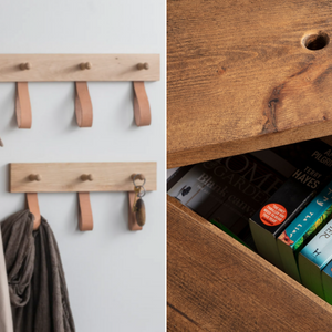 Wall-mounted coat racks and hidden storage in coffee table