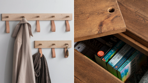 Wall-mounted coat racks and hidden storage in coffee table