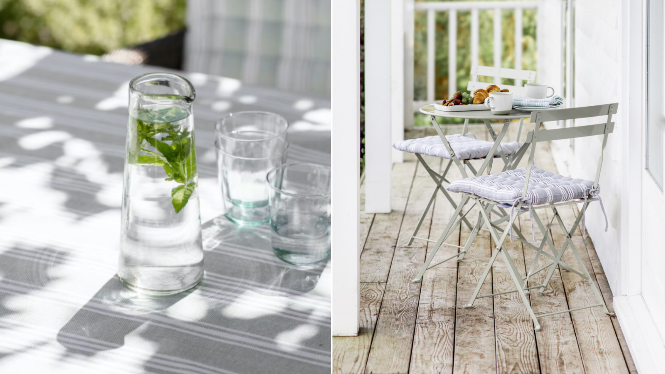 two images of a metal bistro dining set and beautiful tableware
